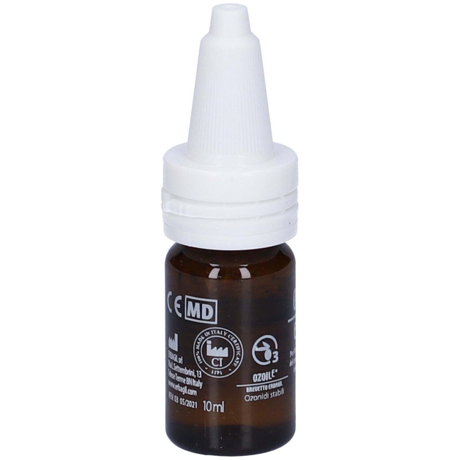 Flacone di vetro marrone con contagocce bianco. Marchio CE. 10 ml.