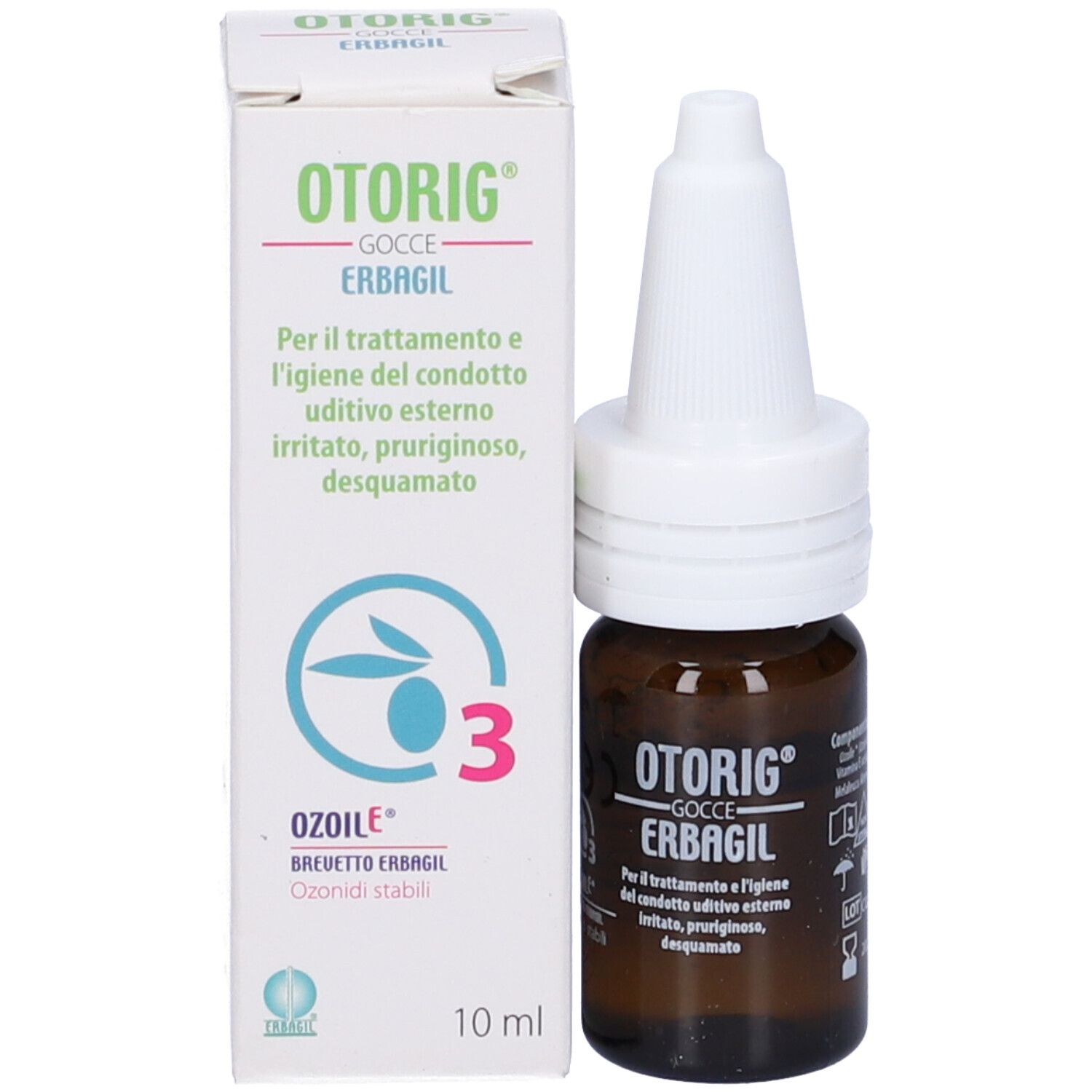 Confezione e flacone del prodotto. Otorig Erbagil, gocce auricolari. 10 ml.