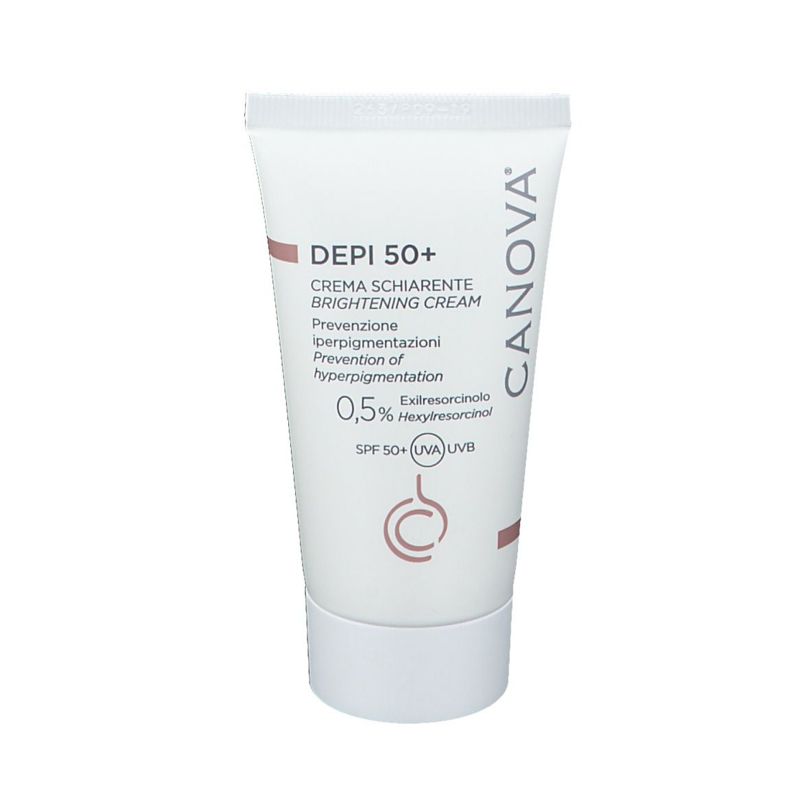 Tubo bianco CANOVA® DEPI 50+ crema schiarente. Prevenzione iperpigmentazione, 0,5% Esilresorcinolo, SPF 50+.