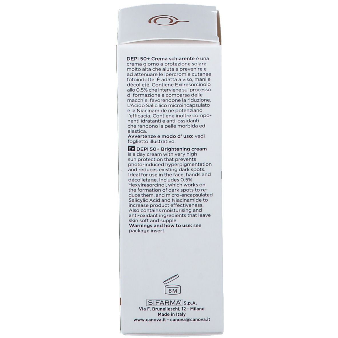 Retro della scatola CANOVA® DEPI 50+. Testo: crema, protezione solare, ingredienti, modo d'uso.