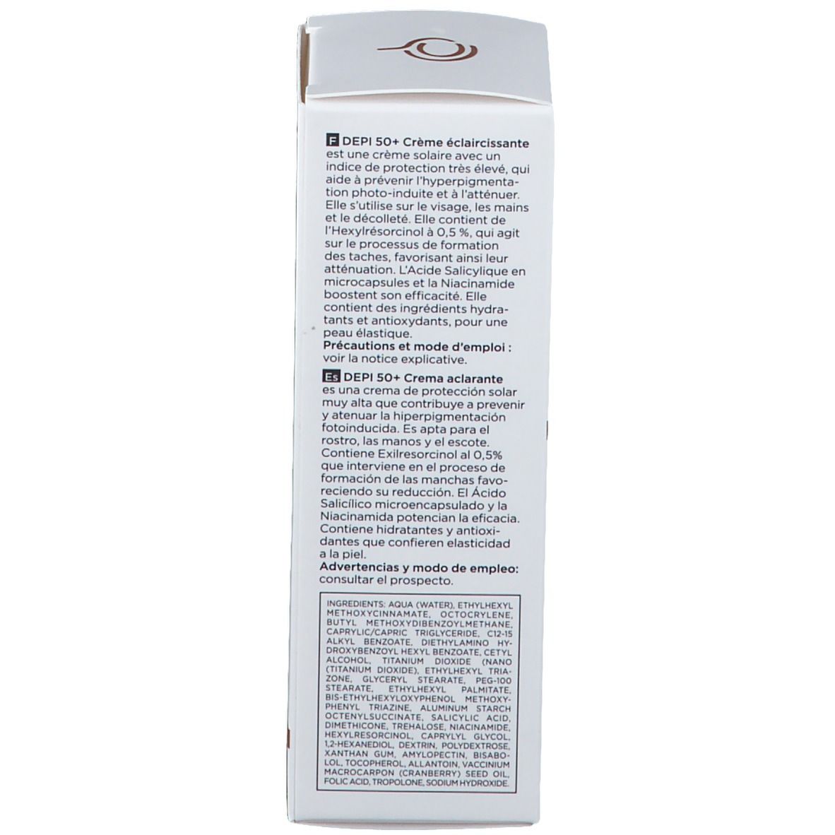 Retro della scatola CANOVA® DEPI 50+. Testo: crema, protezione solare, ingredienti, modo d'uso.
