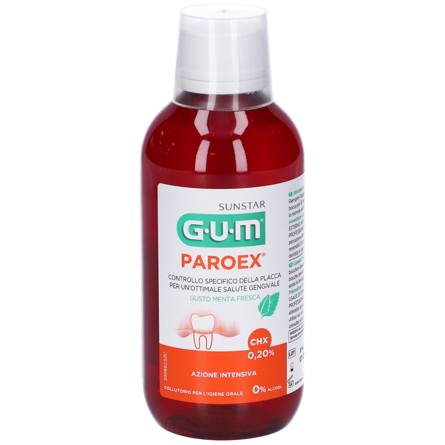 Liquido rosso in bottiglia bianca. Scritta: G.U.M Paroex, CHX 0,20%.