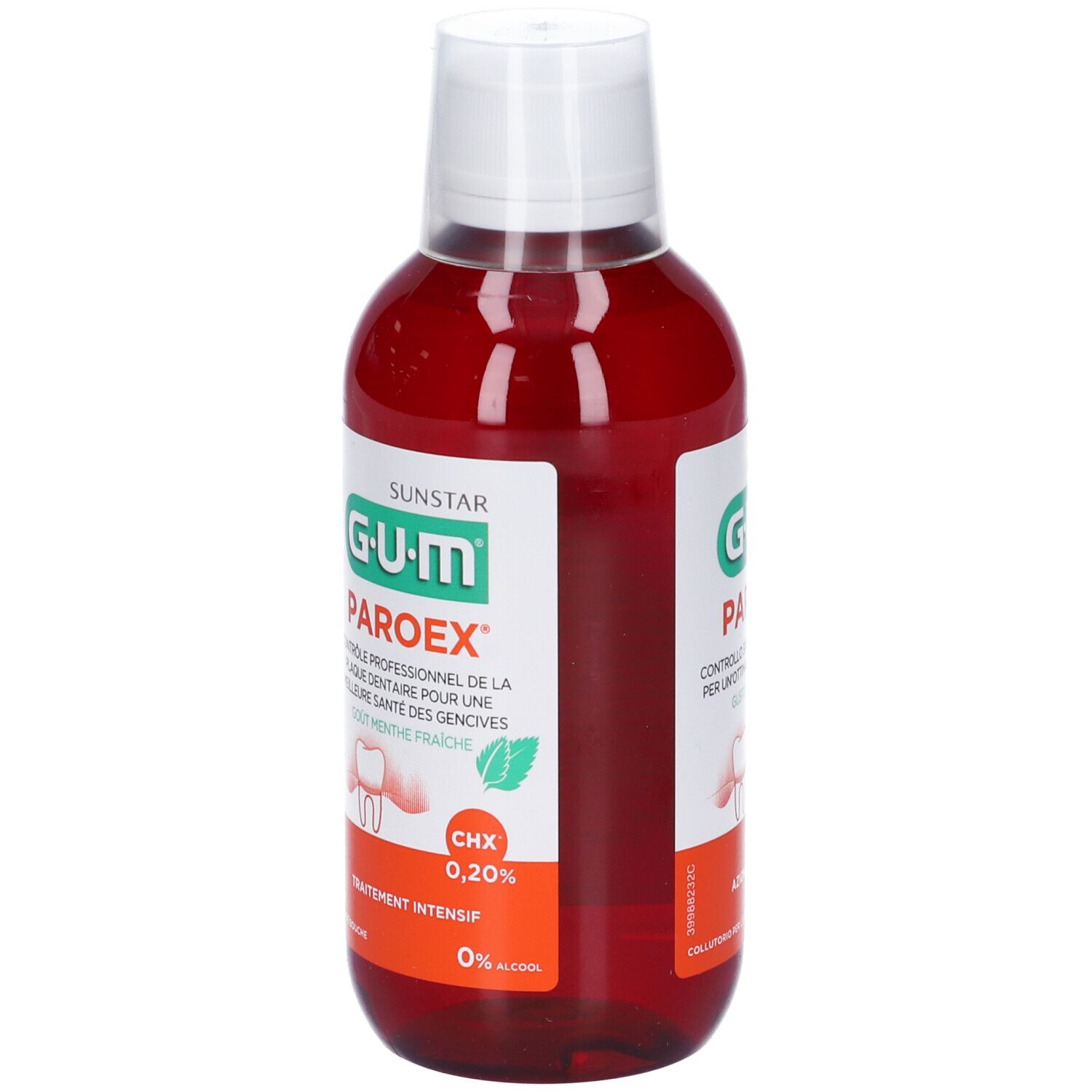 Liquido rosso in bottiglia bianca. Scritta: G.U.M Paroex, CHX 0,20%.