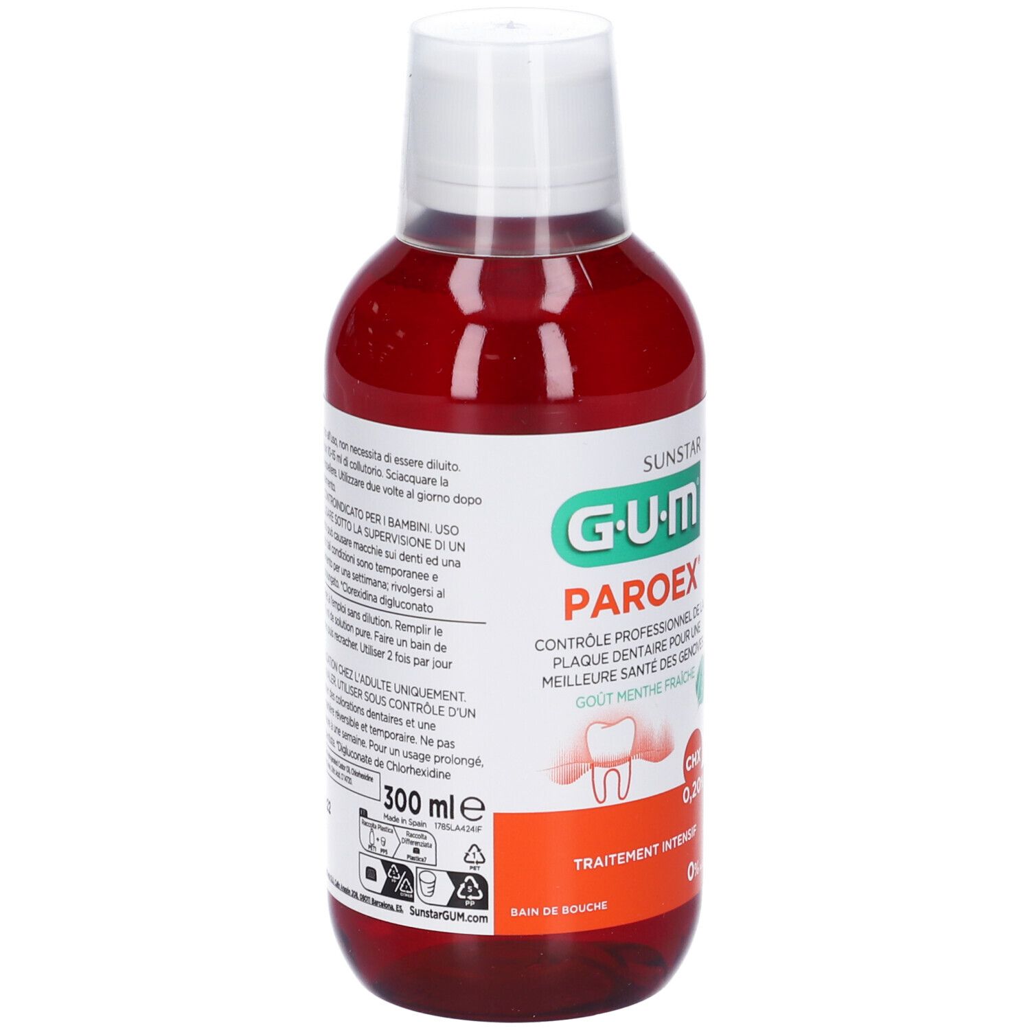 Liquido rosso in bottiglia bianca. Scritta: G.U.M Paroex, CHX 0,20%.