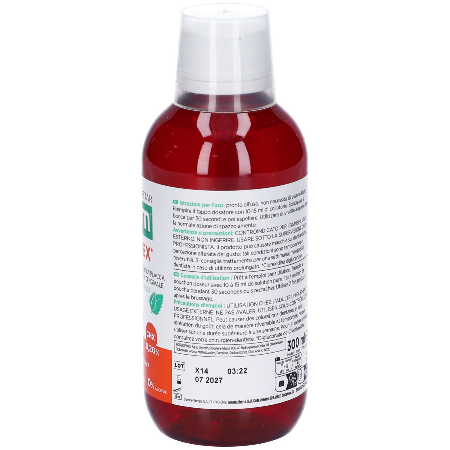 Liquido rosso in bottiglia bianca. Scritta: G.U.M Paroex, CHX 0,20%.