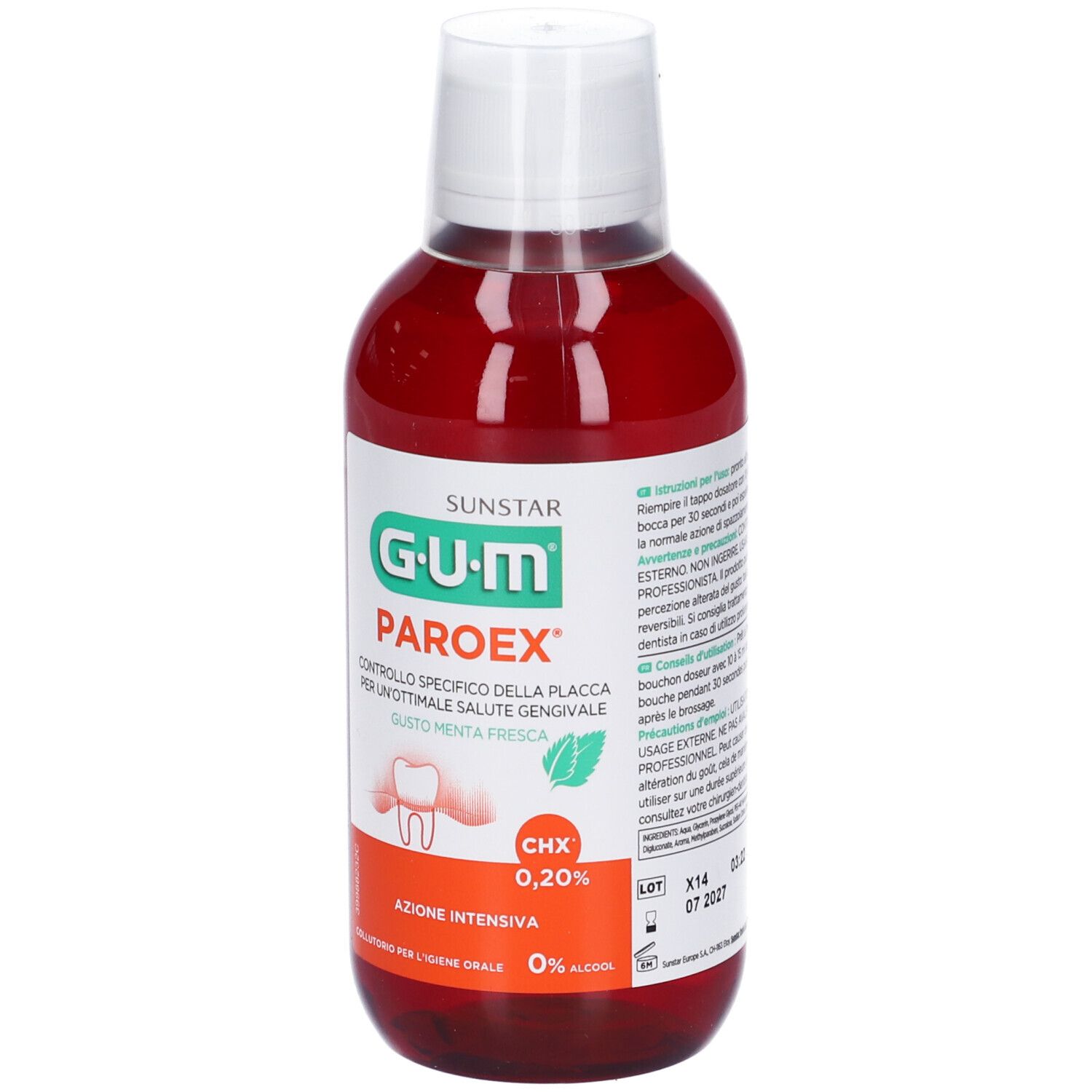 Liquido rosso in bottiglia bianca. Scritta: G.U.M Paroex, CHX 0,20%.