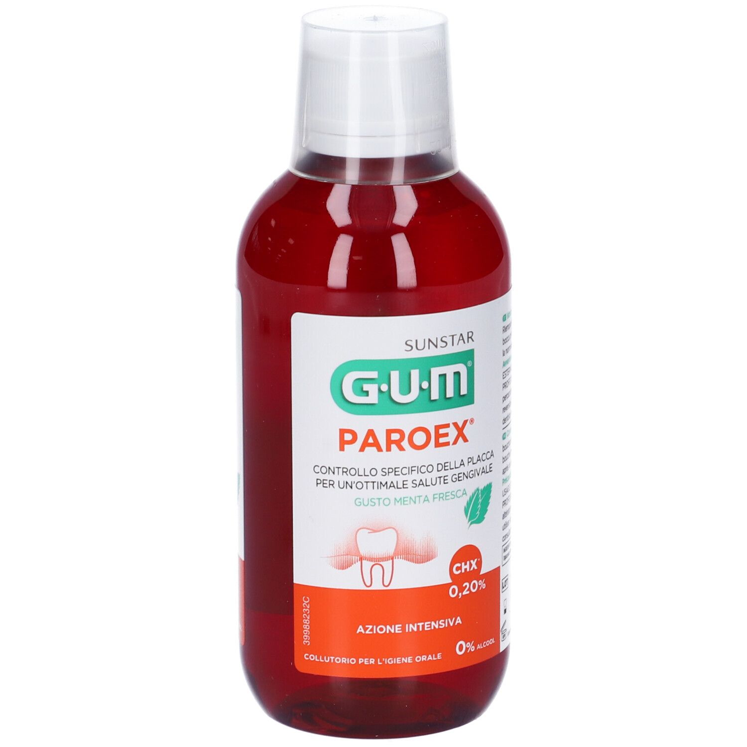 Liquido rosso in bottiglia bianca. Scritta: G.U.M Paroex, CHX 0,20%.