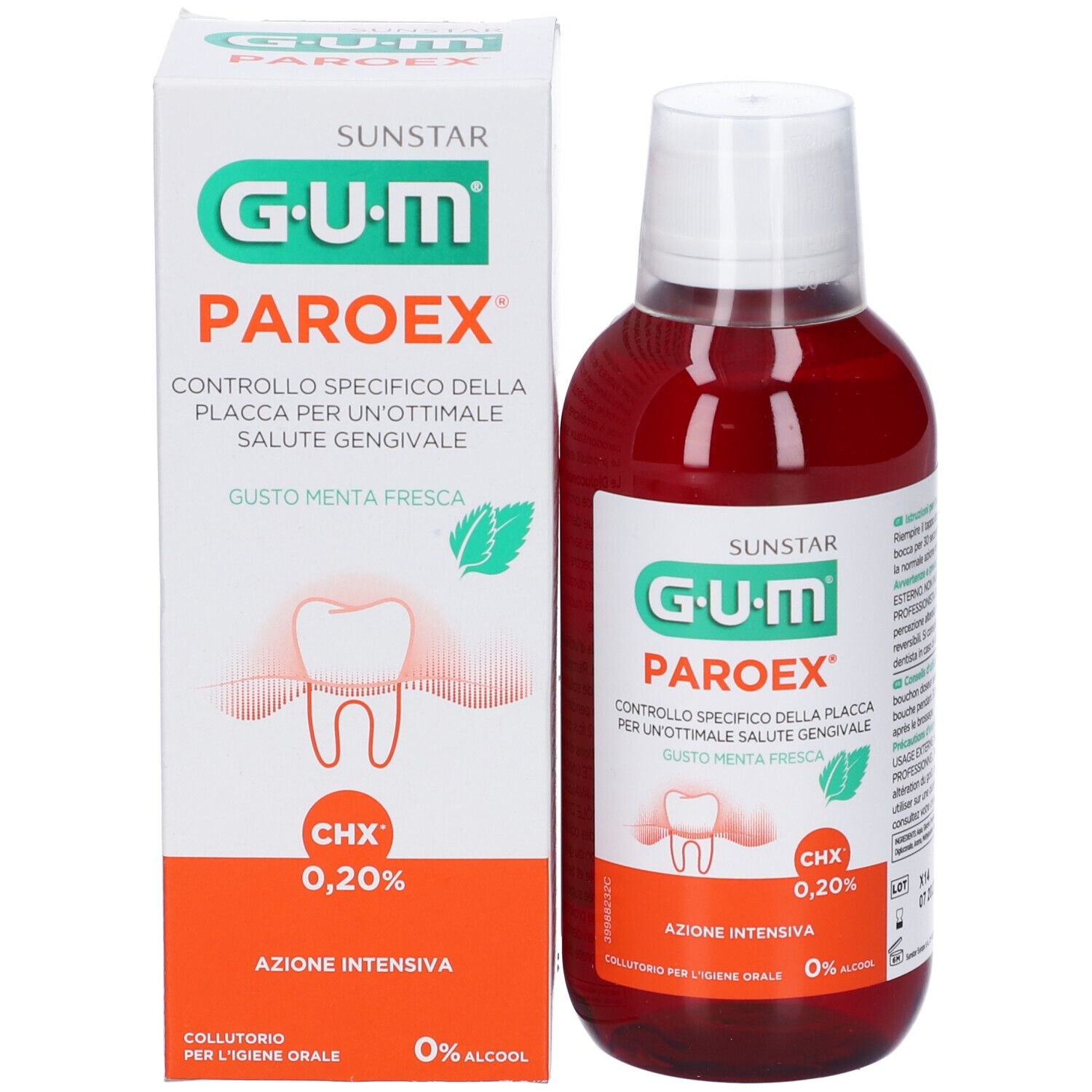 Bottiglia e scatola. Scritta: G.U.M Paroex, CHX 0,20%.