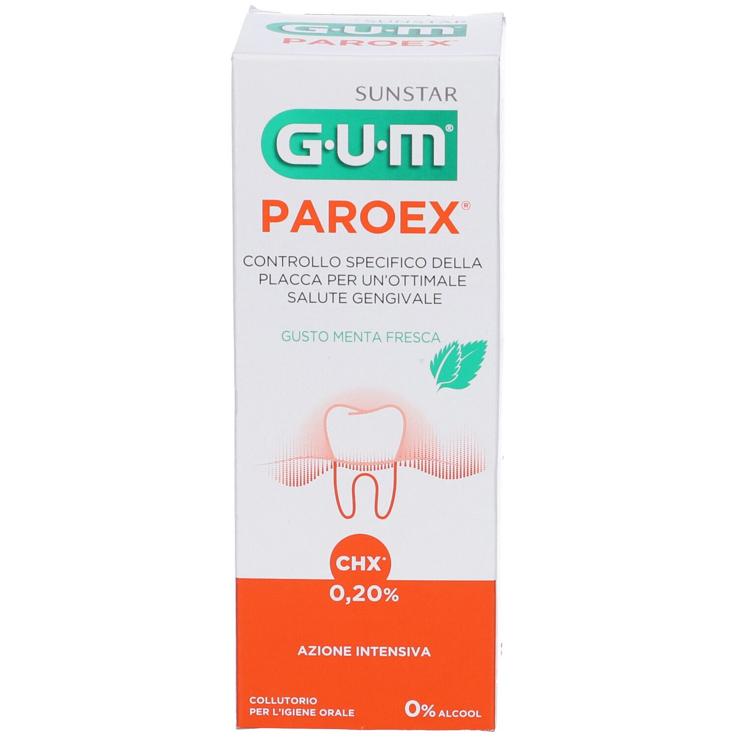 Scatola bianca. Scritta: G.U.M Paroex, CHX 0,20%.
