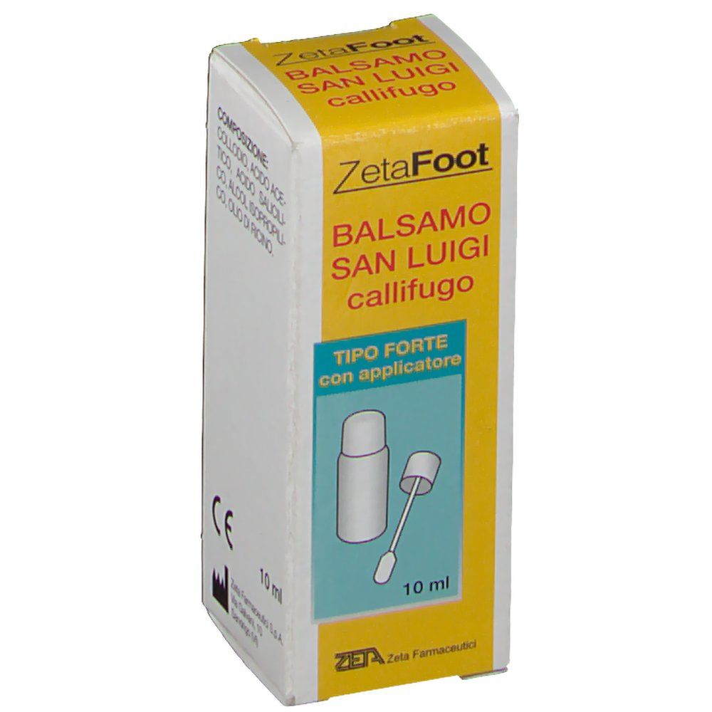 Scatola di ZetaFoot Balsamo San Luigi Callifugo. Parte superiore gialla, lati bianchi. Contiene applicatore. 10 ml.
