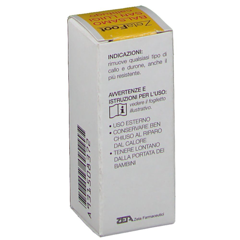 Scatola di ZetaFoot Balsamo San Luigi Callifugo. Informazioni sul prodotto sul lato bianco. Parte superiore gialla.