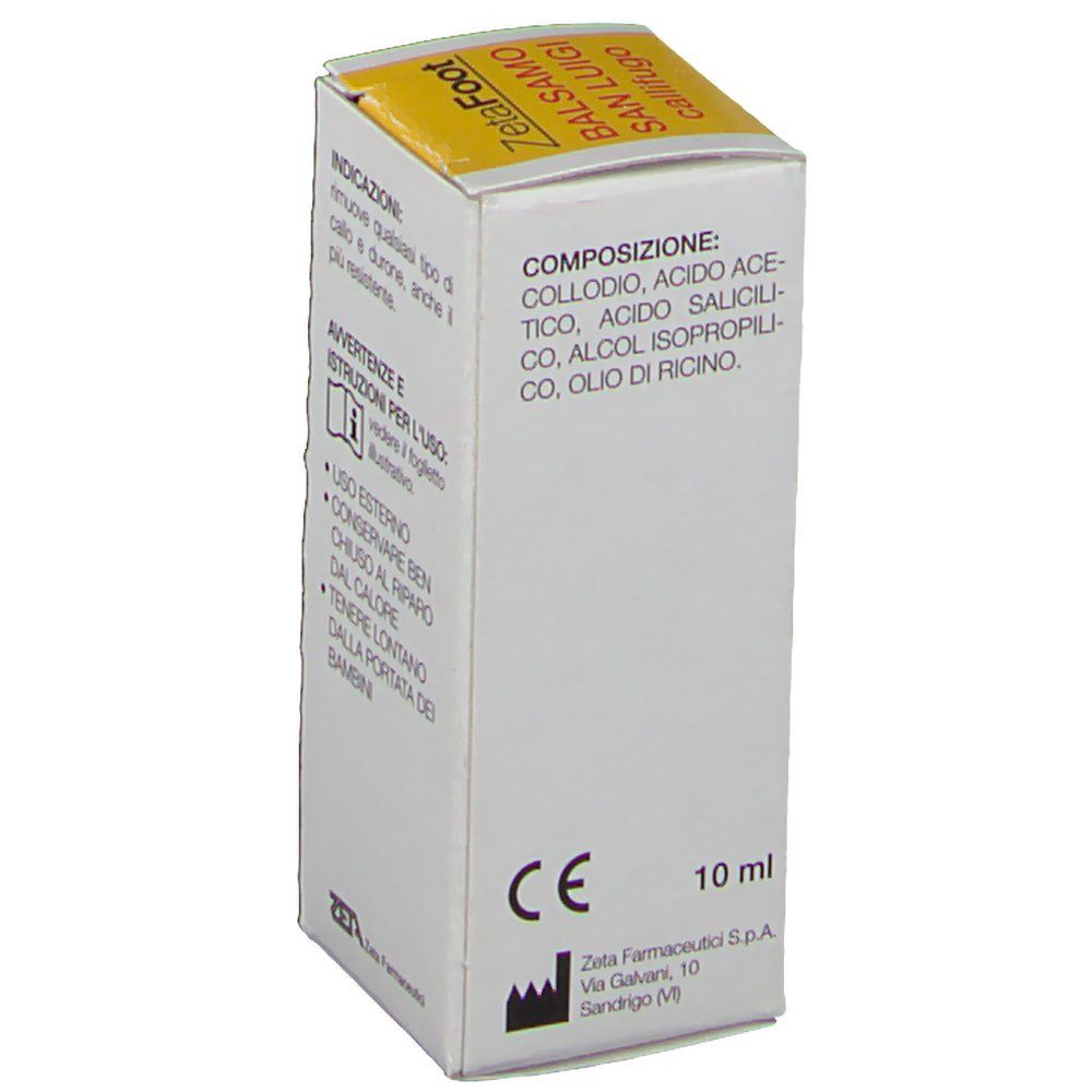 Scatola di ZetaFoot Balsamo San Luigi Callifugo. Ingredienti e informazioni del produttore. Parte superiore gialla.