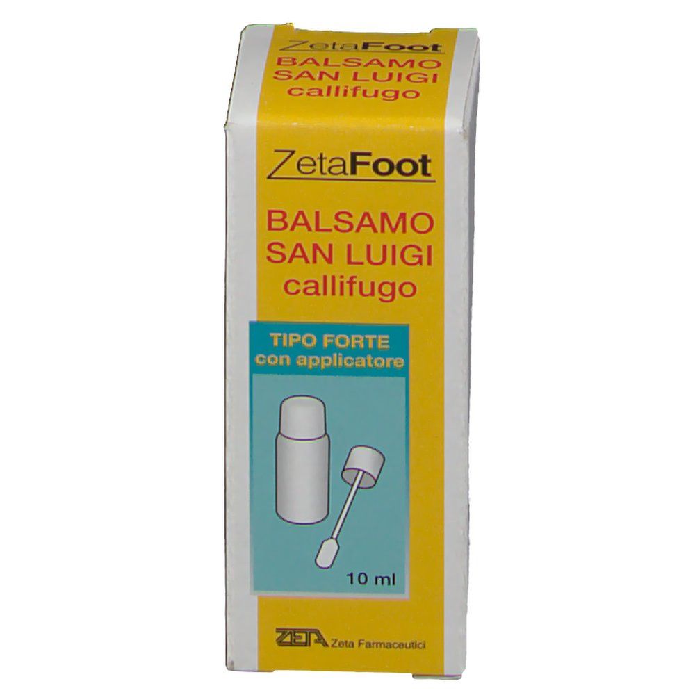 Scatola di ZetaFoot Balsamo San Luigi Callifugo. Parte superiore gialla, lati bianchi. Contiene applicatore. 10 ml.