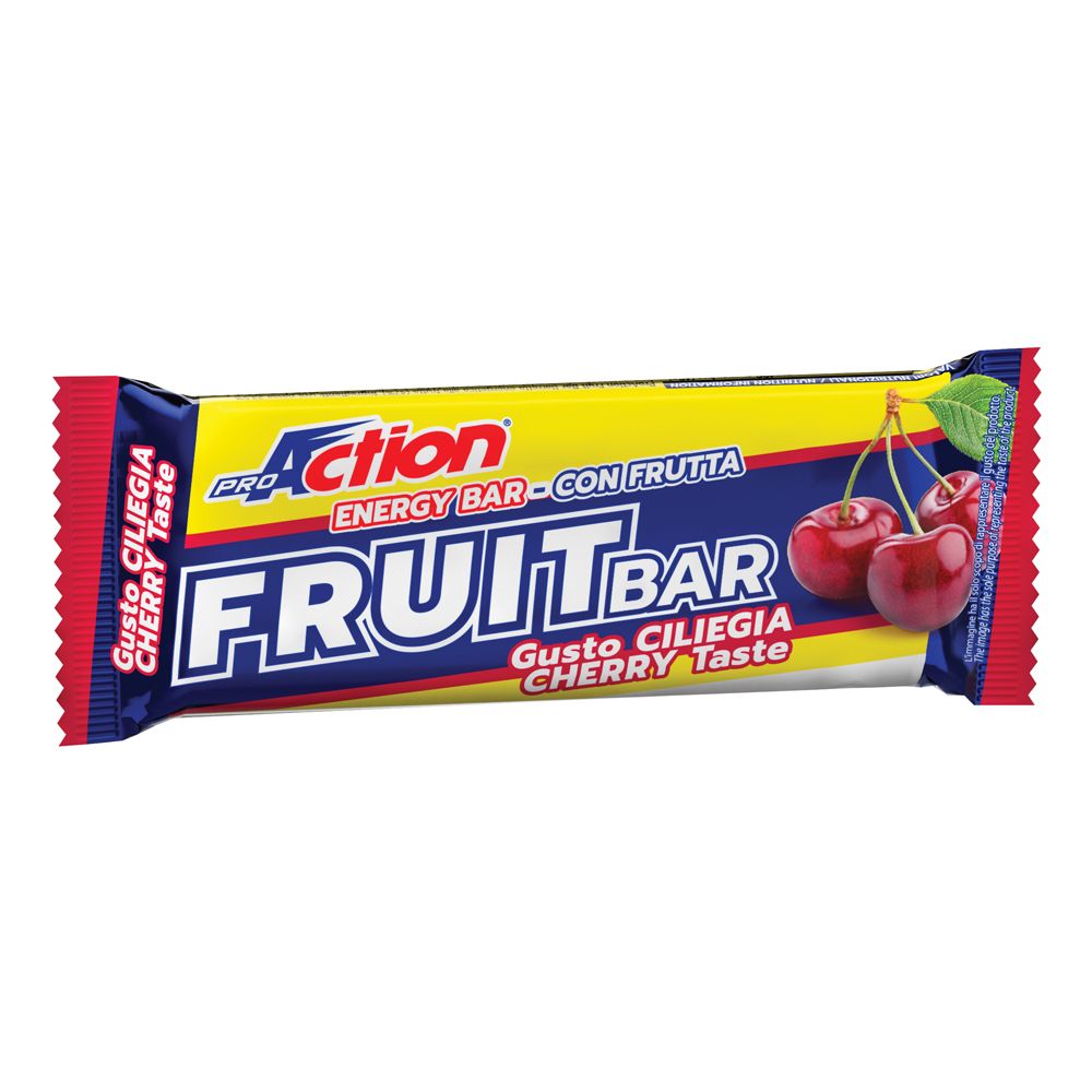 Barretta energetica alla ciliegia, confezione blu, gialla e rossa. Scritta ProAction Fruit Bar.