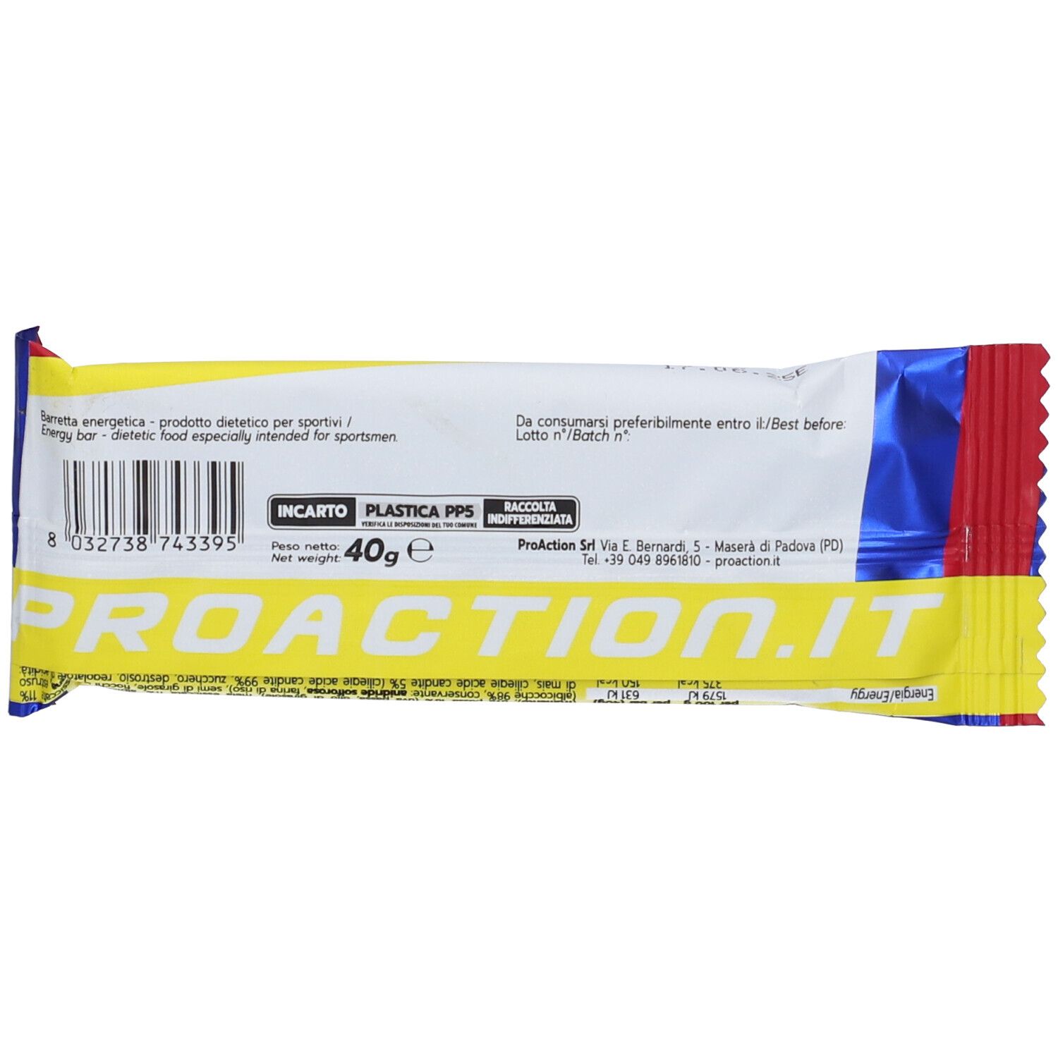 Retro confezione barretta. Giallo, blu e bianco. Scritta ProAction.it, 40g.