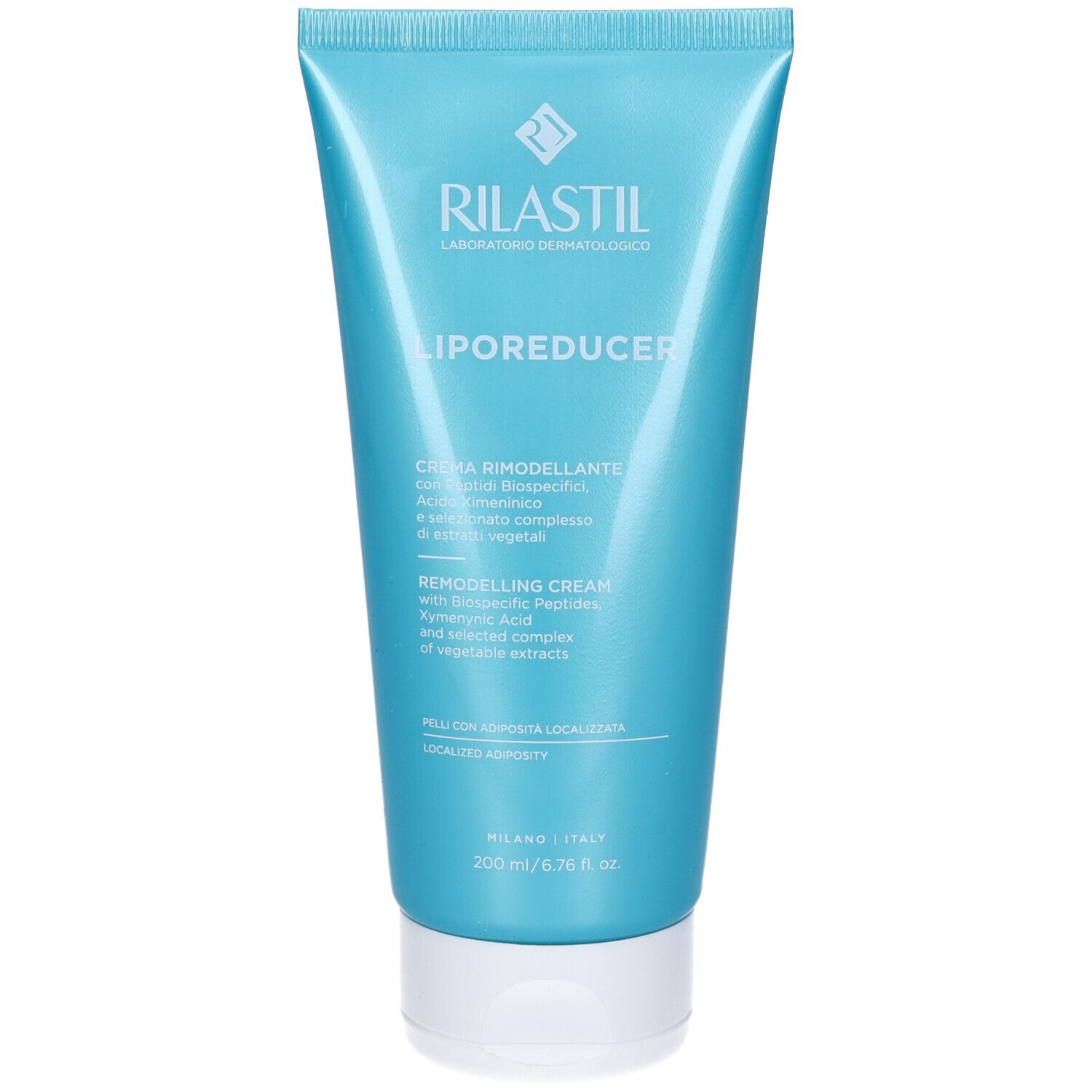 Tubo turchese con tappo bianco. Scritta: RILASTIL, LIPOREDUCER, CREMA RIMODELLANTE, 200 ml.