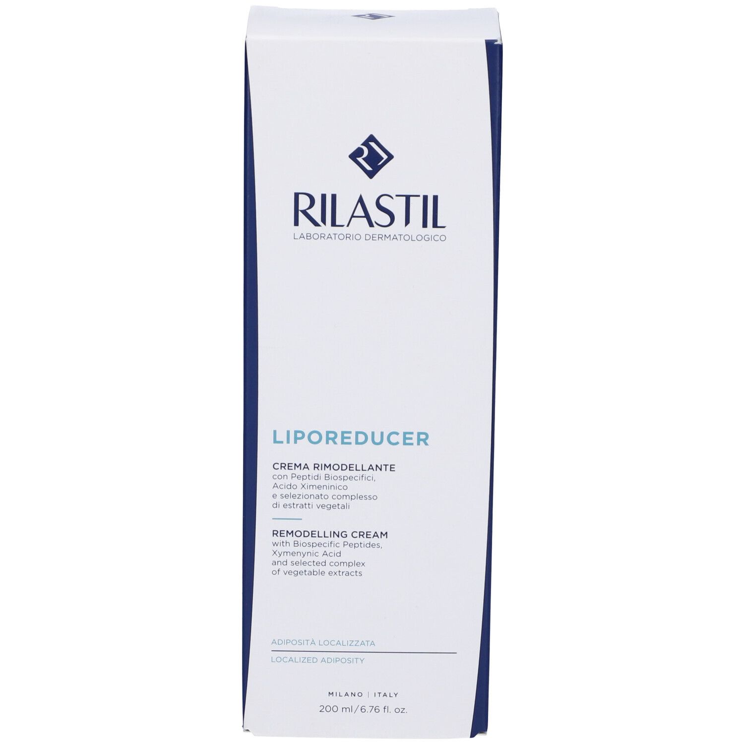 Scatola bianca con scritta: RILASTIL, LIPOREDUCER, CREMA RIMODELLANTE, 200 ml.