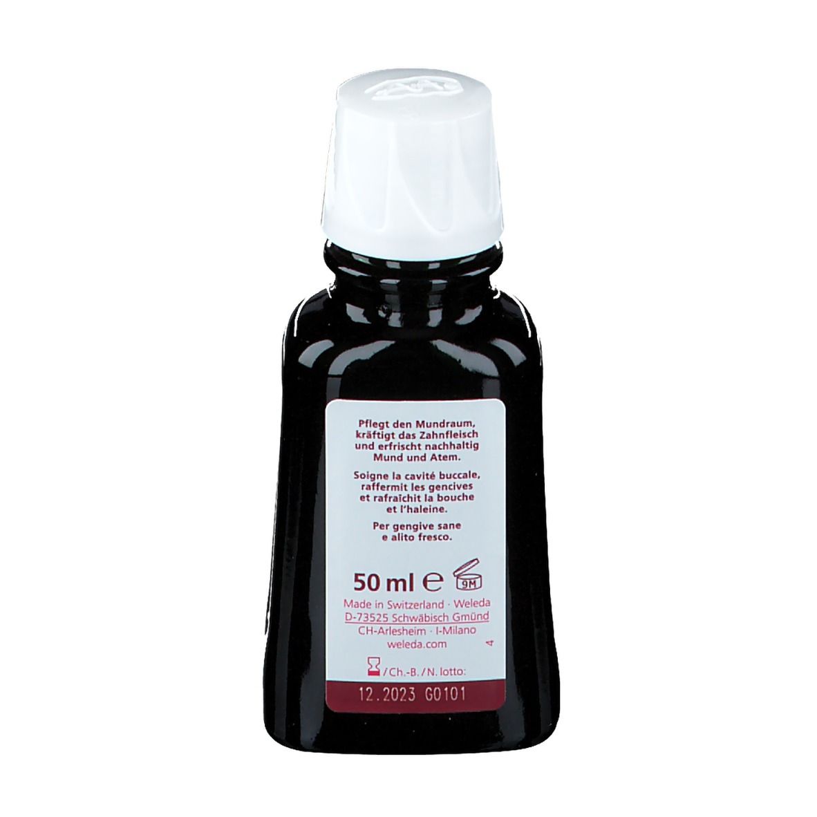 WELEDA Eau dentifrice au Ratanhia. Dos de la bouteille. Texte en allemand, français et italien. 50 ml. Lieu de fabrication.