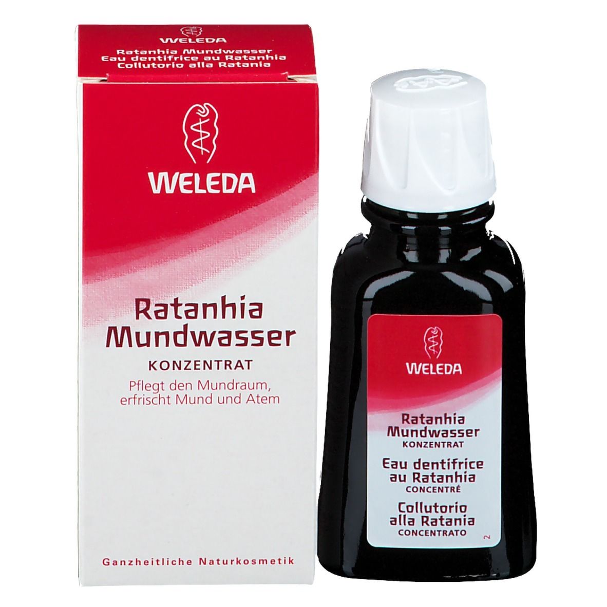 WELEDA Eau dentifrice au Ratanhia. Bouteille et emballage. Nom du produit et logo. Couleurs rouge et blanc. Cosmétiques naturels.