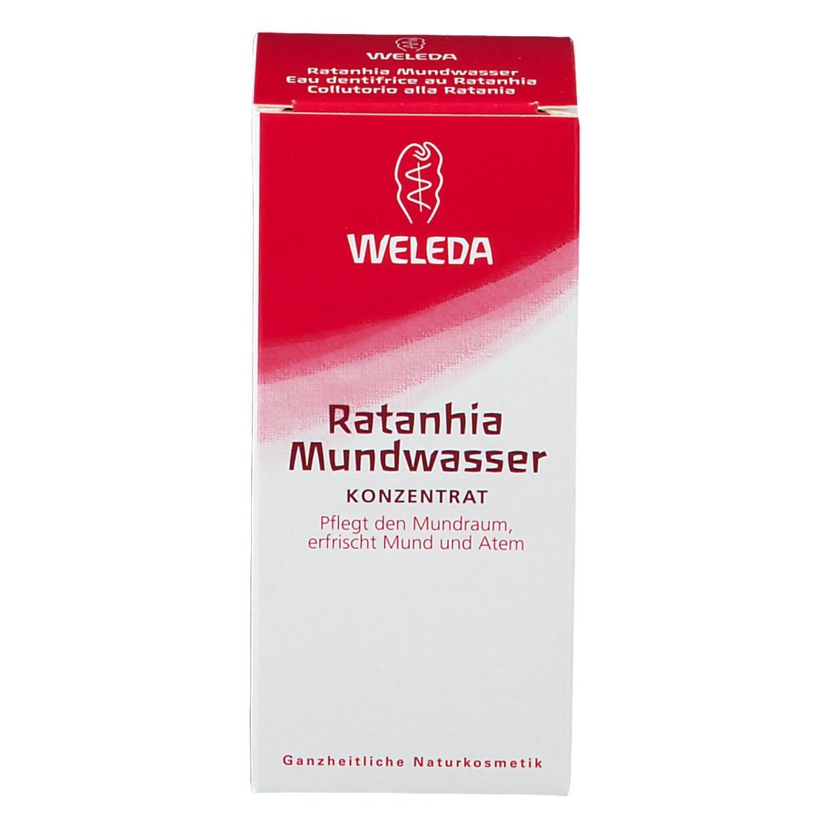 Emballage WELEDA. Nom du produit : Eau dentifrice au Ratanhia. Texte en allemand. Cosmétiques naturels. Couleurs rouge et blanc.