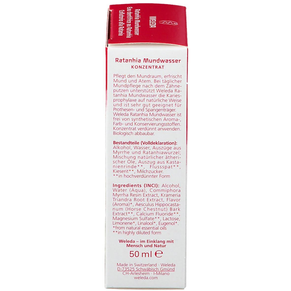 Emballage WELEDA. Dos. Texte en allemand. Ingrédients, instructions d'utilisation. 50 ml. Lieu de fabrication. Logo.