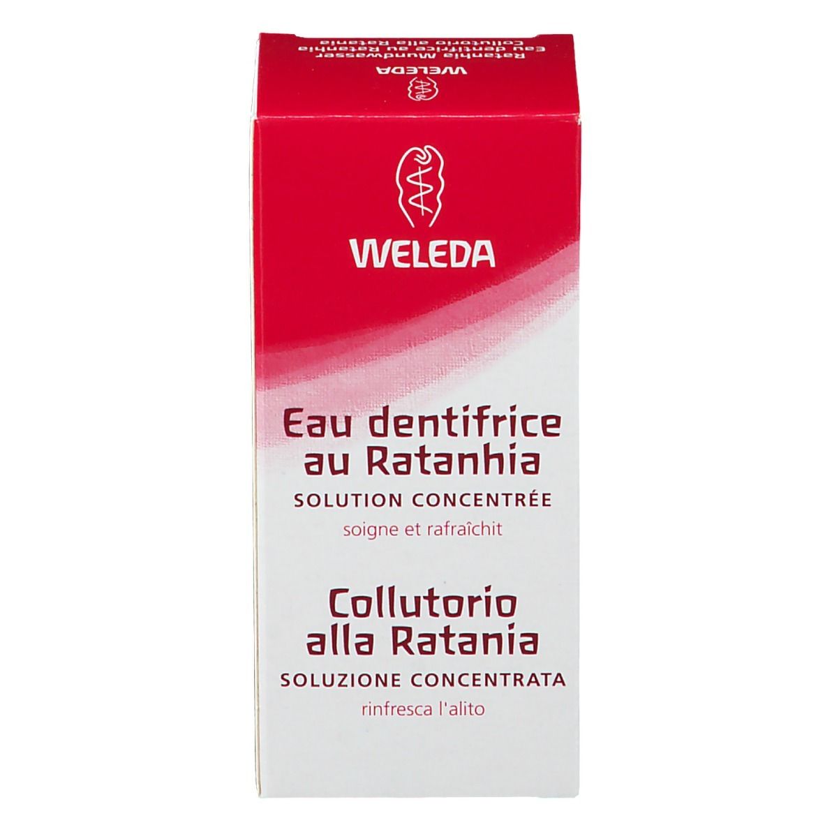 Emballage WELEDA. Inscriptions en français et italien. Nom du produit : Eau dentifrice au Ratanhia, Collutorio alla Ratania. Rouge et blanc.