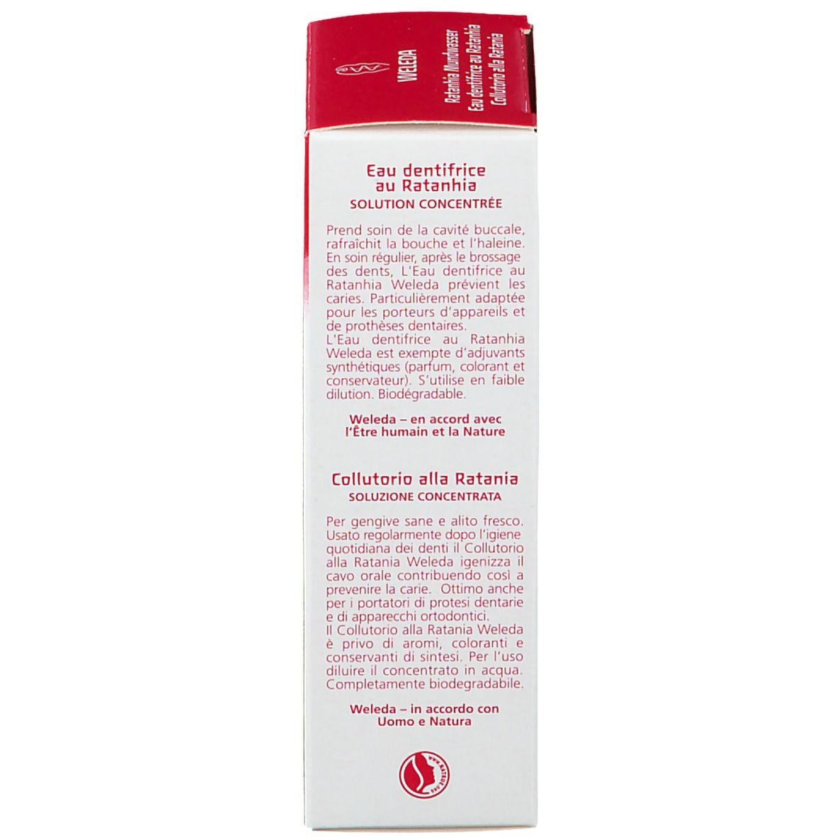 Emballage WELEDA. Dos. Texte en français et italien. Instructions d'utilisation. Ingrédients. Logo.