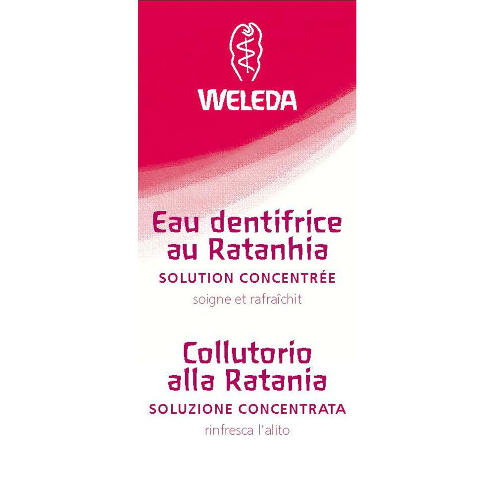 Emballage WELEDA. Inscriptions en français et italien. Nom du produit : Eau dentifrice au Ratanhia, Collutorio alla Ratania. Rouge et blanc.