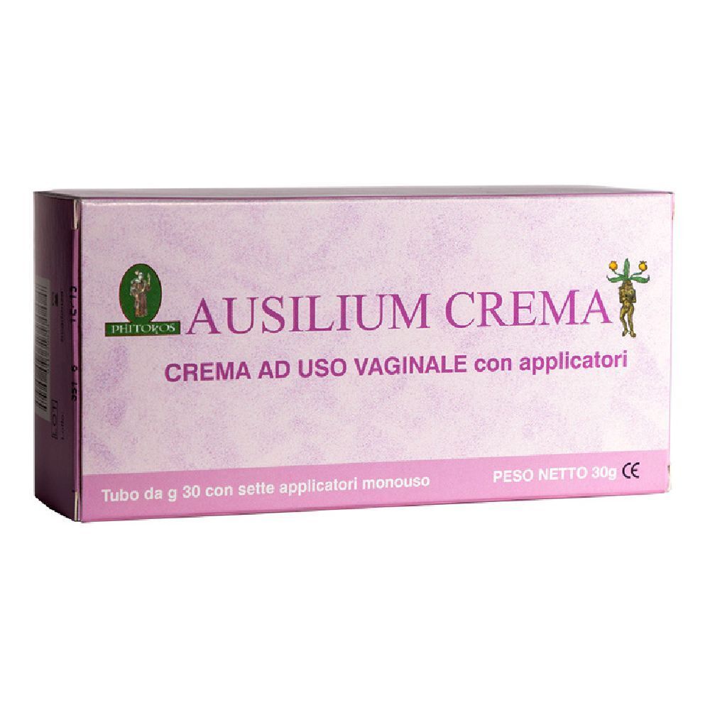 Scatola di AUSILIUM CREMA®. Rosa, con nome e testo del prodotto. Contiene applicatori.