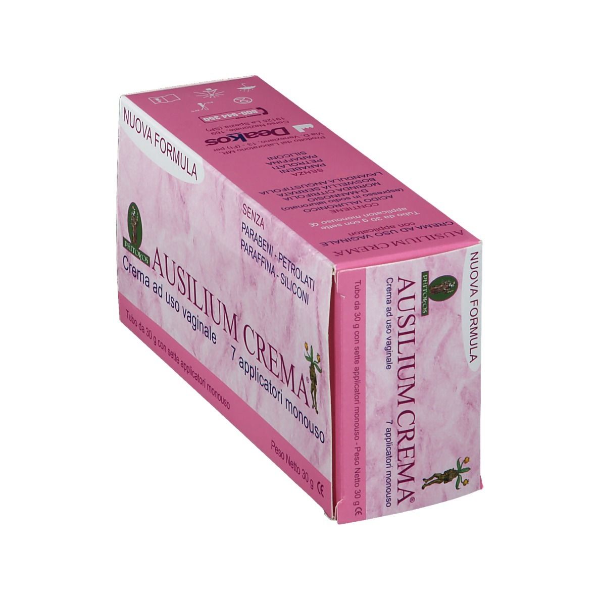 Scatola di AUSILIUM CREMA®. Rosa, con nome e testo del prodotto. Contiene 7 applicatori.