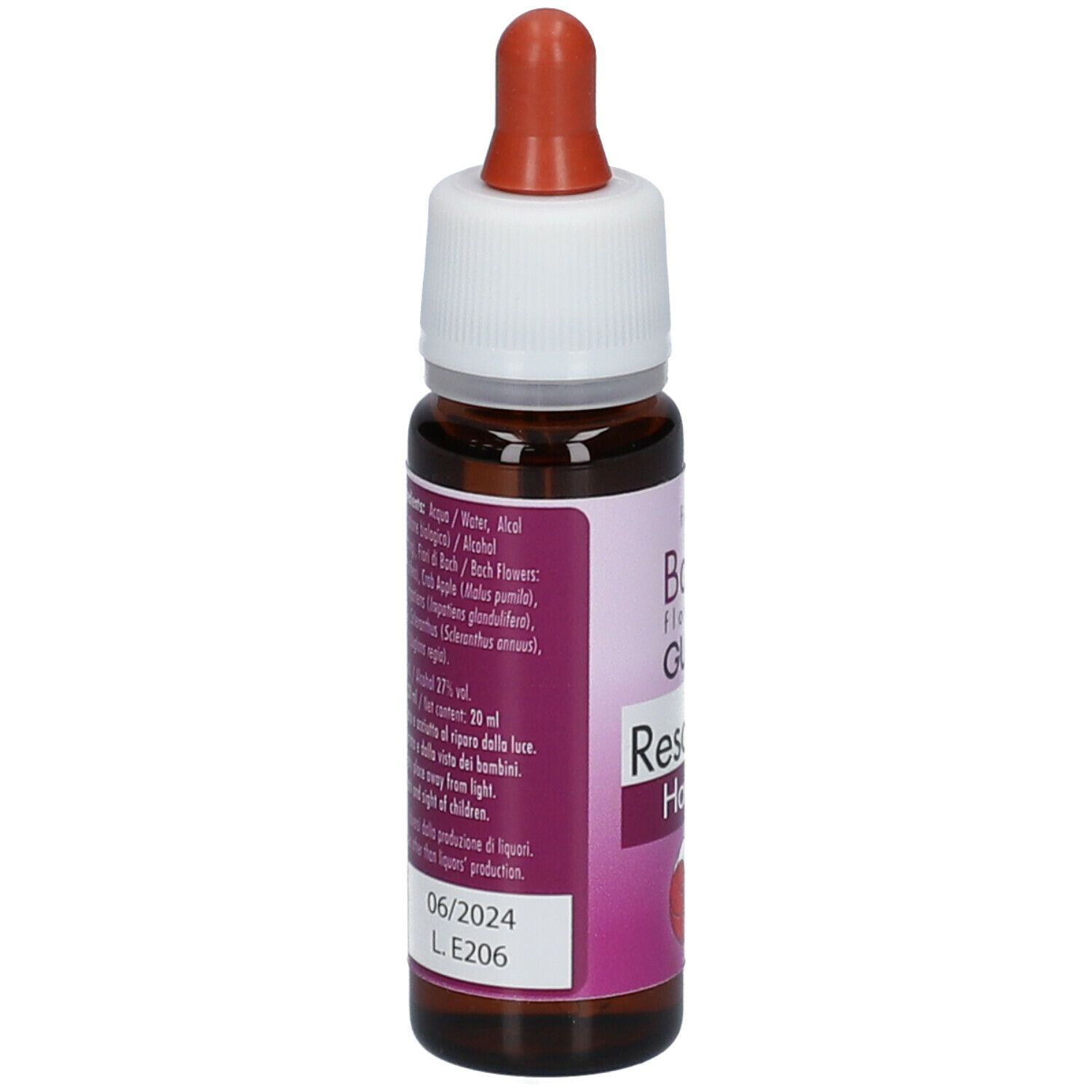 Flacone di vetro marrone con tappo bianco e contagocce. Scritta: GUNA, Resource Harmony. Retro con ingredienti.