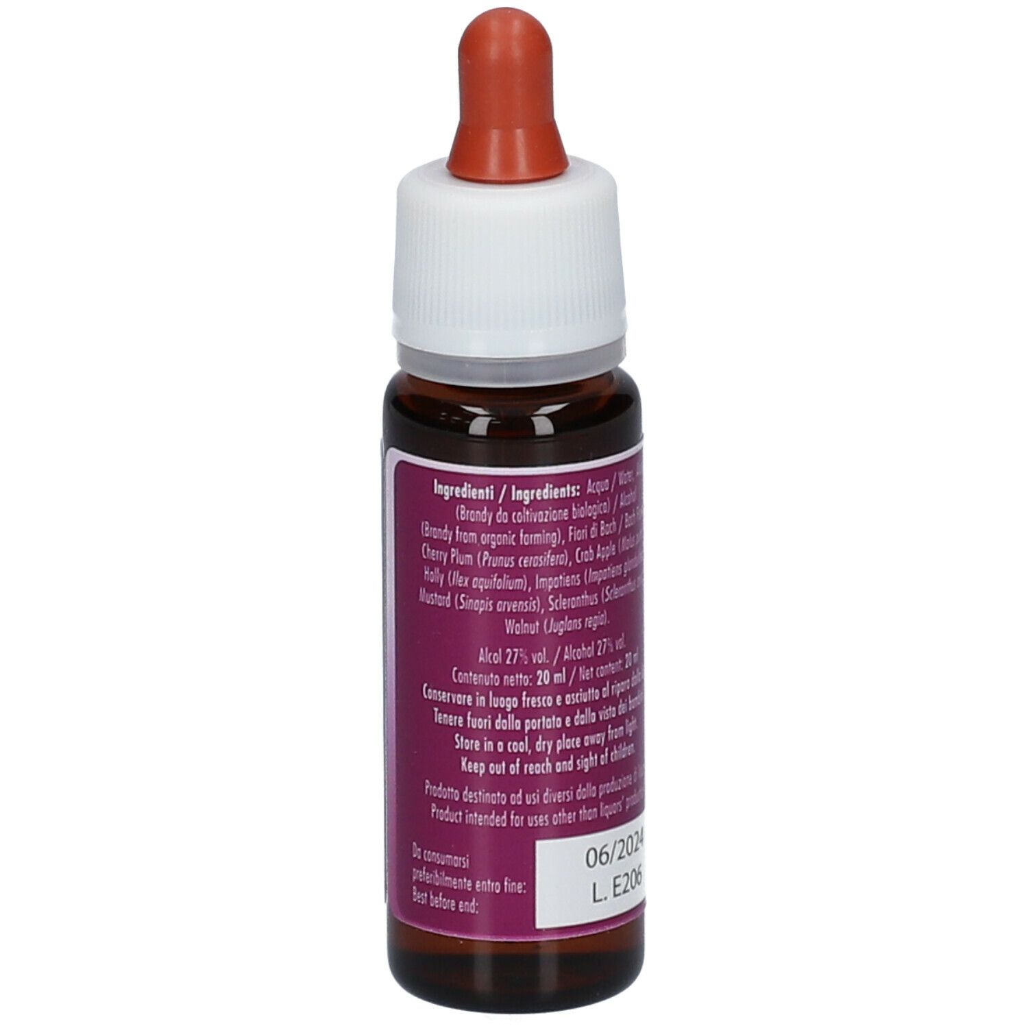 Flacone di vetro marrone con tappo bianco e contagocce. Scritta: GUNA, Resource Harmony. Retro con ingredienti.
