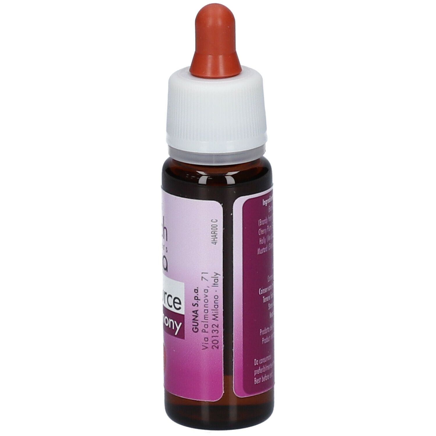 Flacone di vetro marrone con tappo bianco e contagocce. Scritta: GUNA, Resource Harmony. Retro con indirizzo.