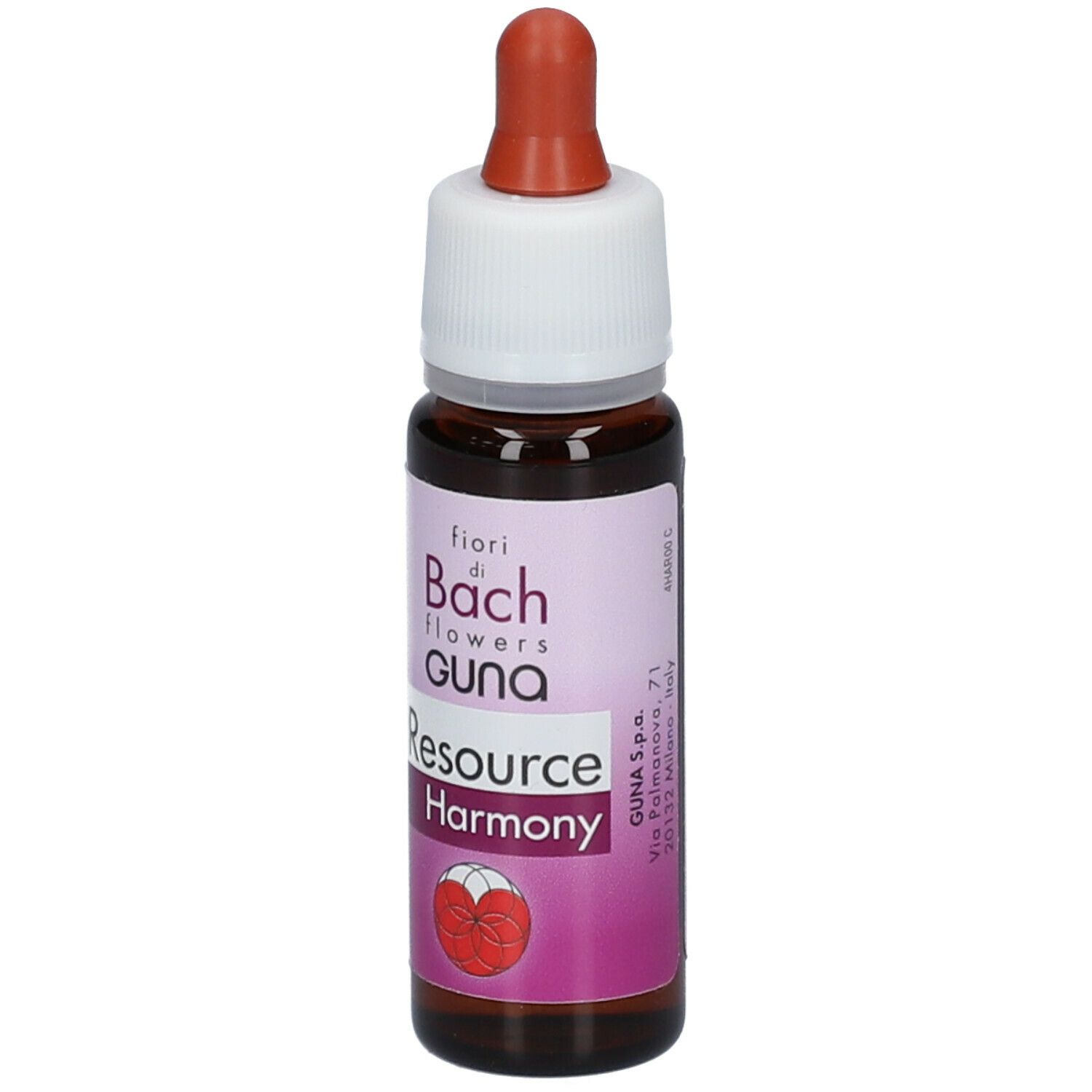 Flacone di vetro marrone con tappo bianco e contagocce. Scritta: GUNA, Resource Harmony. Vista del prodotto.