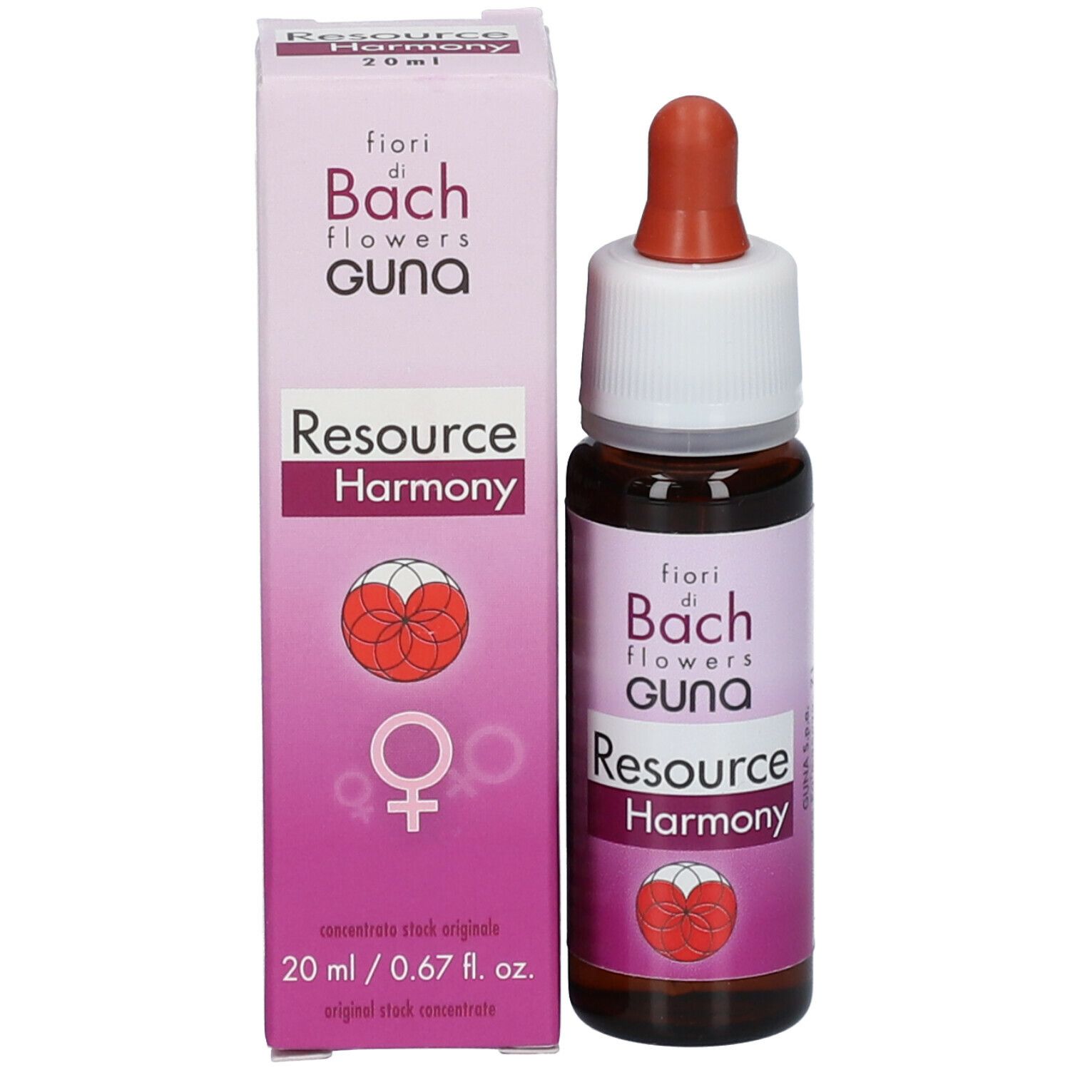 Flacone di vetro marrone con contagocce e confezione. Scritta: GUNA, Resource Harmony. 20 ml.