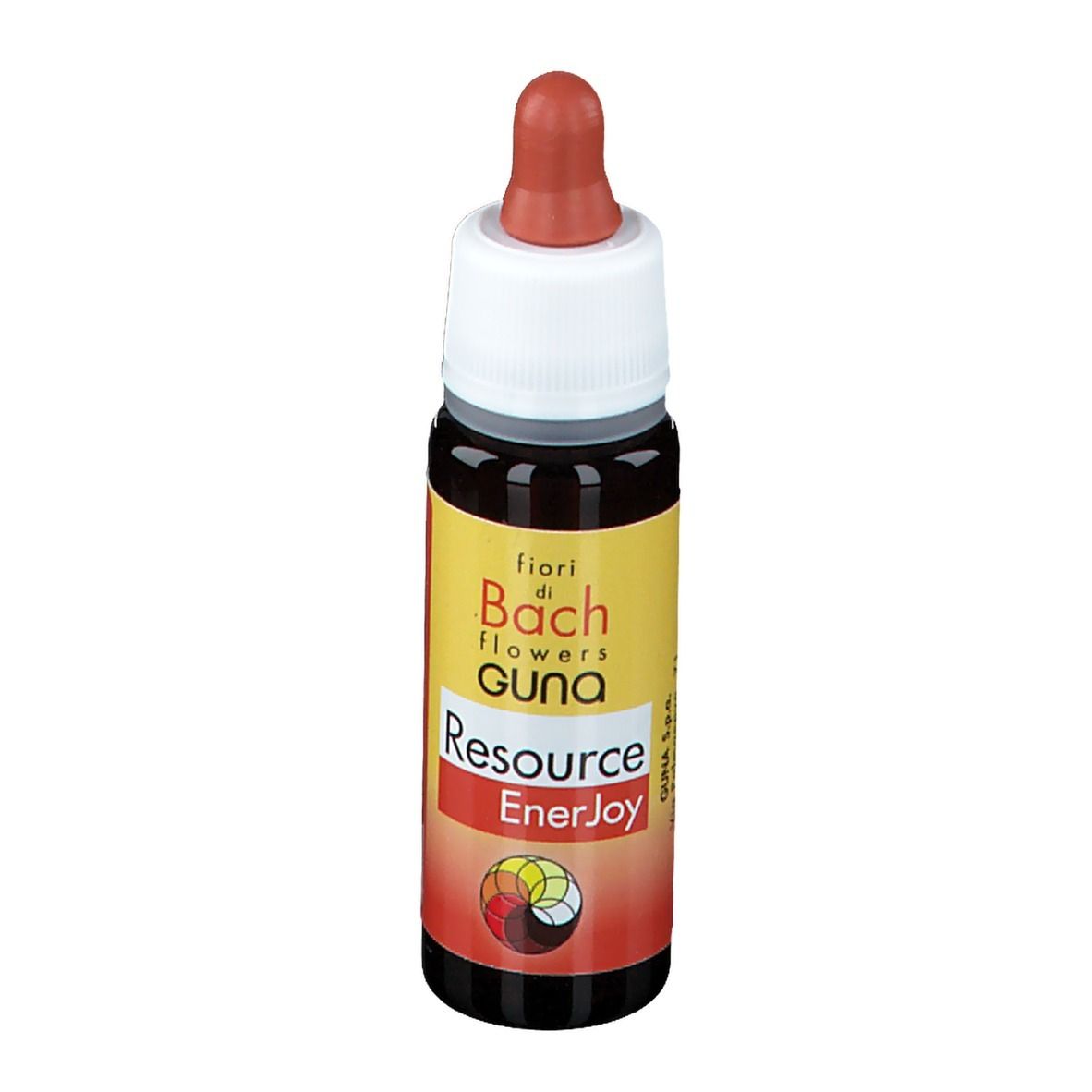 Flacone di vetro marrone con contagocce. Scritta: Resource EnerJoy, fior di Bach flowers GUNA. Etichetta con ingredienti.