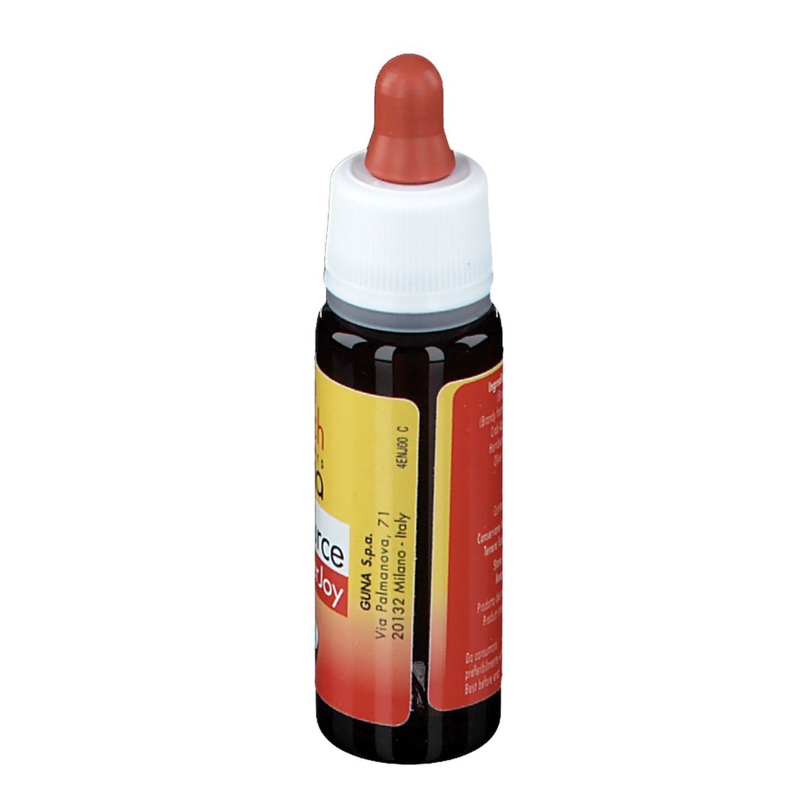 Flacone di vetro marrone con contagocce. Scritta: Resource EnerJoy, fior di Bach flowers GUNA. Etichetta con ingredienti.