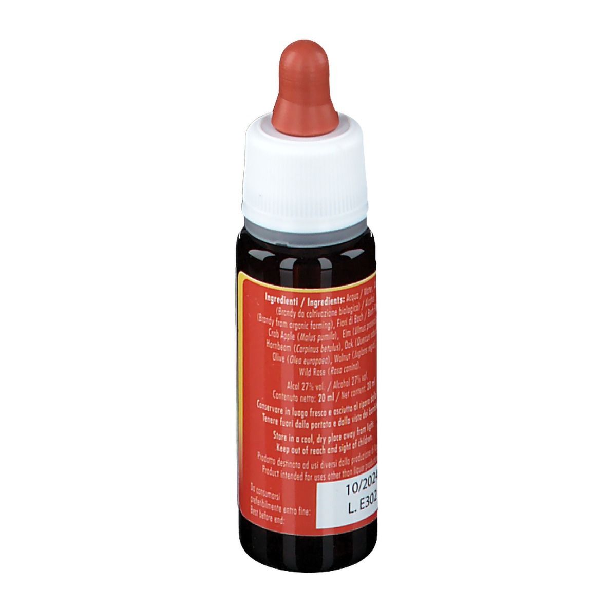 Flacone di vetro marrone con contagocce. Scritta: Resource EnerJoy, fior di Bach flowers GUNA. Etichetta con ingredienti.