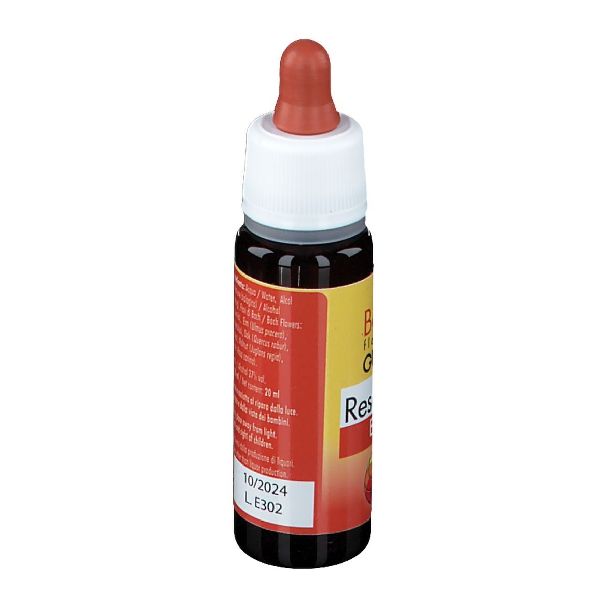 Flacone di vetro marrone con contagocce. Scritta: Resource EnerJoy, fior di Bach flowers GUNA. Etichetta con ingredienti.