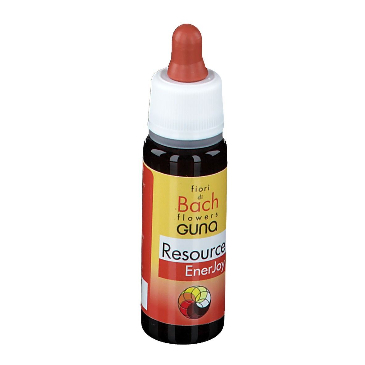 Flacone di vetro marrone con contagocce. Scritta: Resource EnerJoy, fior di Bach flowers GUNA. Etichetta con ingredienti.