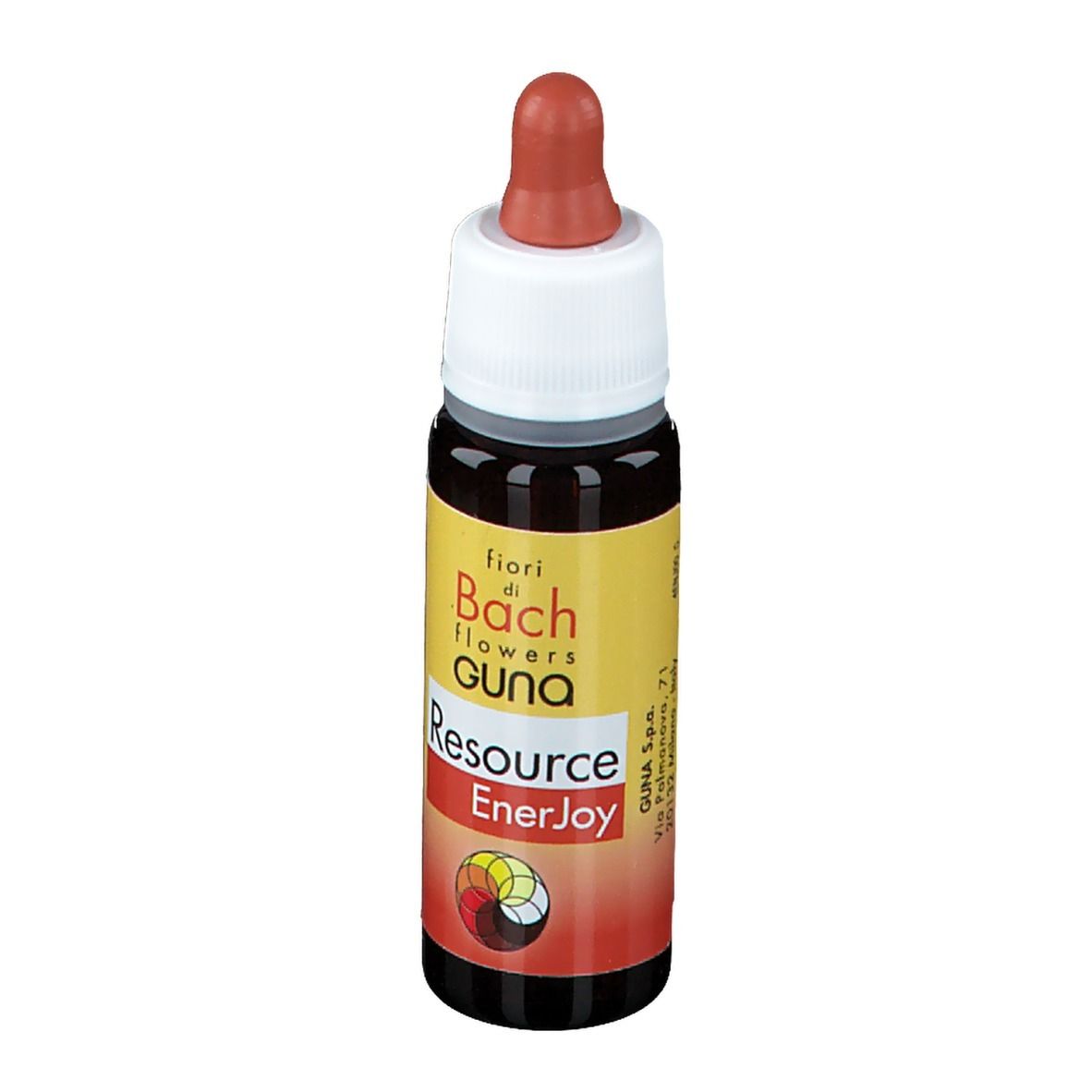 Flacone di vetro marrone con contagocce. Scritta: Resource EnerJoy, fior di Bach flowers GUNA. Etichetta con ingredienti.