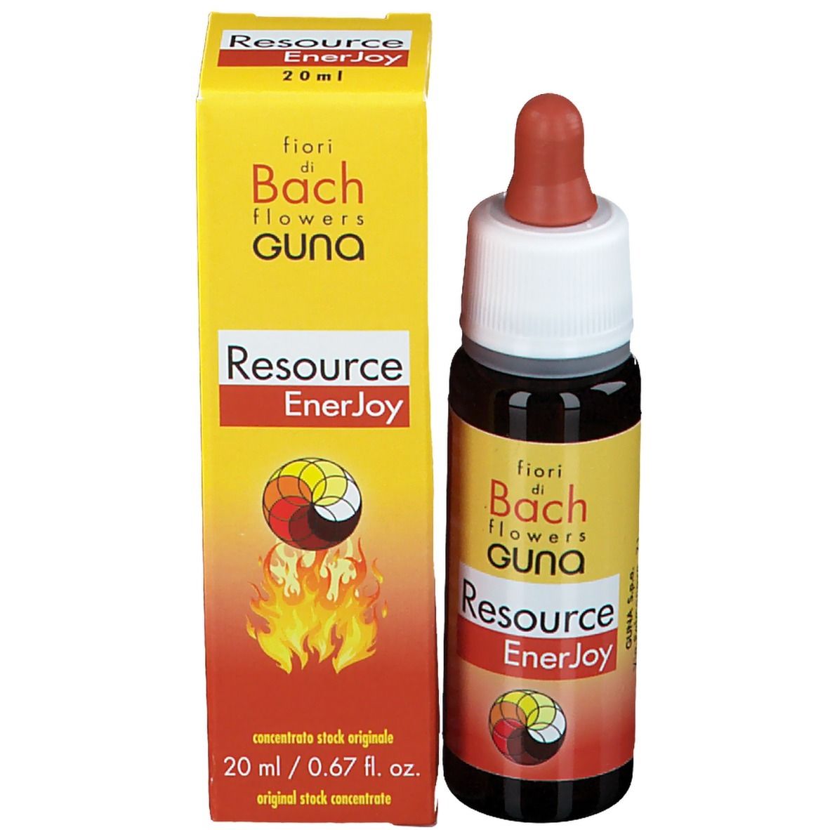 Flacone di vetro marrone con contagocce e confezione gialla. Scritta: Resource EnerJoy, fior di Bach flowers GUNA. 20 ml.