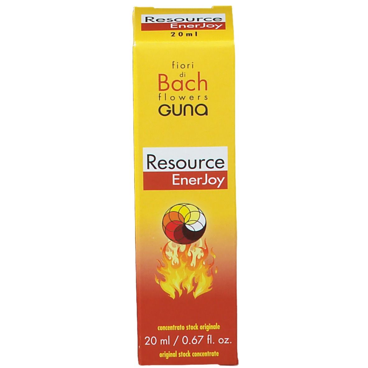 Confezione gialla con scritta: Resource EnerJoy, fior di Bach flowers GUNA. 20 ml.
