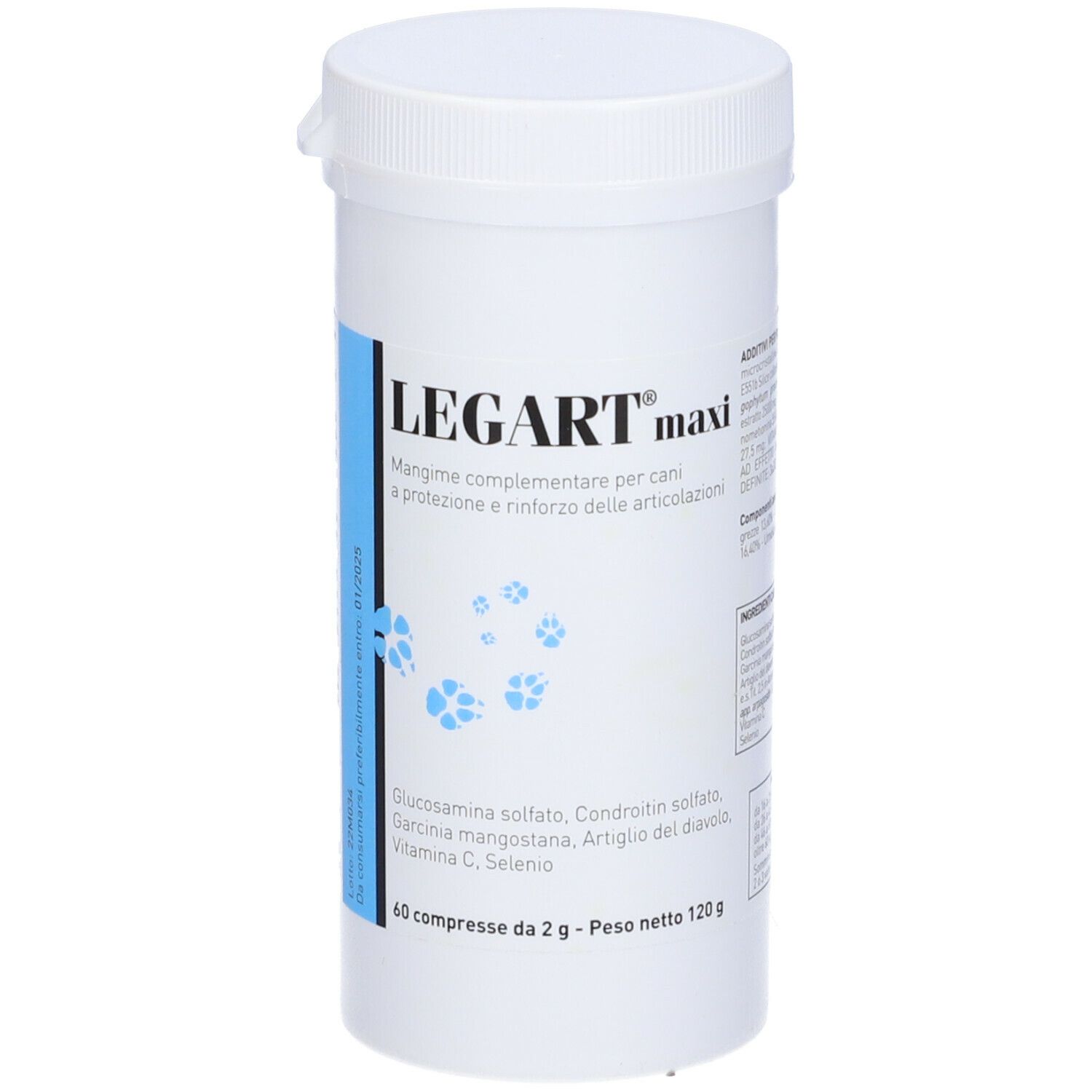 Barattolo bianco con etichetta blu. Scritta: LEGART maxi. Contiene 60 compresse. Ingredienti: Glucosamina solfato, Condroitin solfato, Garcinia mangostana.