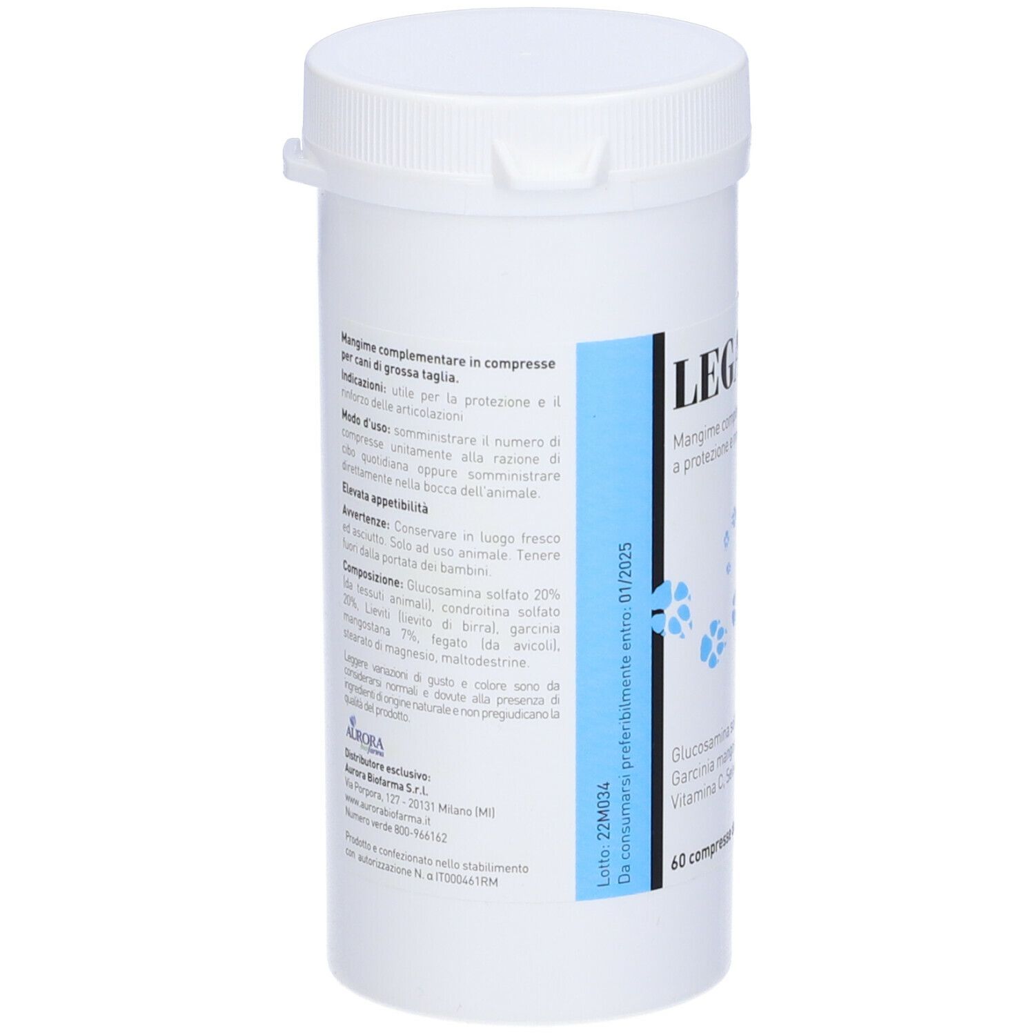 Barattolo bianco con etichetta blu. Scritta: LEGART maxi. Contiene 60 compresse. Contiene informazioni sugli ingredienti e la data di scadenza.