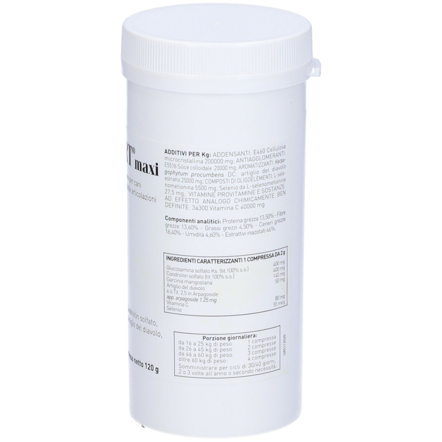 Barattolo bianco con coperchio bianco. Scritta: LEGART maxi. Contiene informazioni sugli ingredienti e il dosaggio. Vista dettagliata.