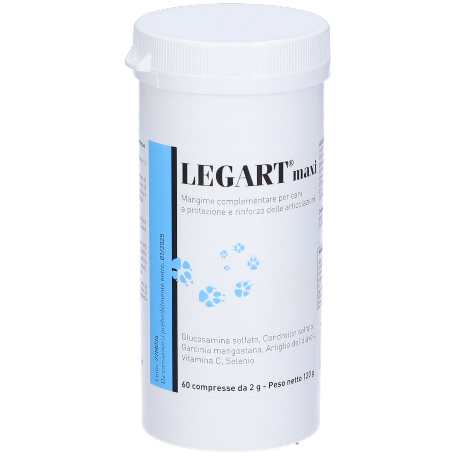 Barattolo bianco con etichetta blu. Scritta: LEGART maxi. Contiene 60 compresse. Contiene informazioni sugli ingredienti e la data di scadenza.