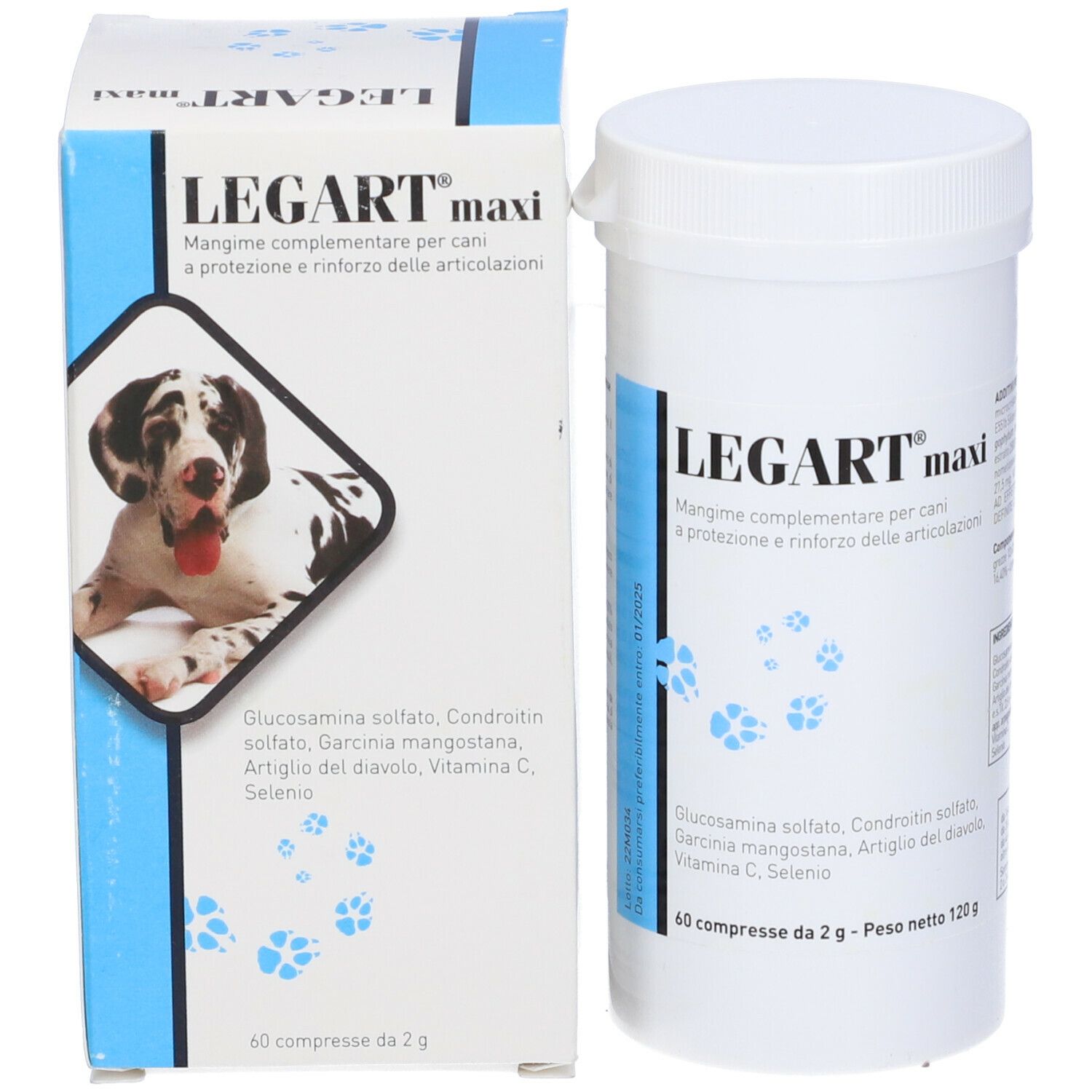 Confezione del prodotto con barattolo e scatola. Scritta: LEGART maxi. Contiene 60 compresse. È raffigurato un cane.