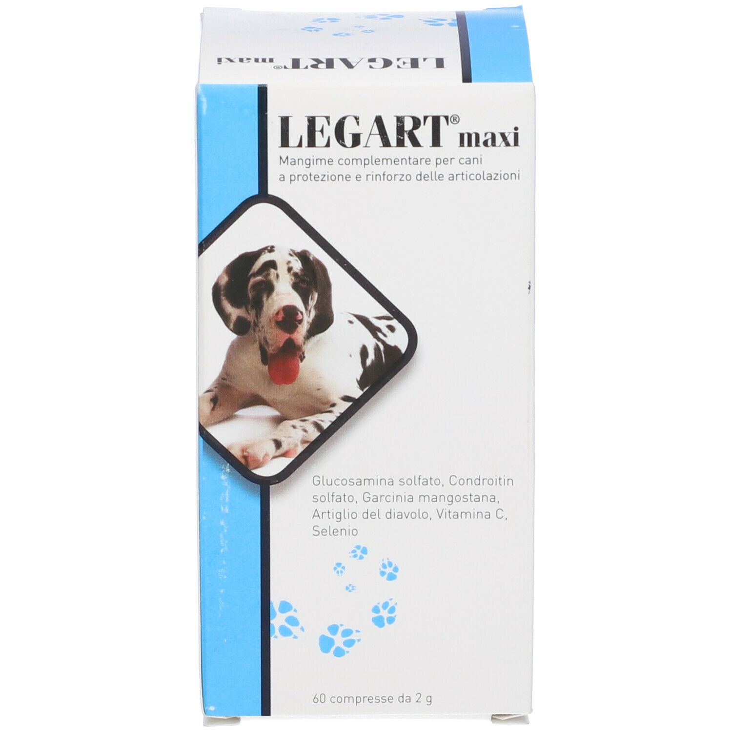 Confezione del prodotto. Scritta: LEGART maxi. Contiene 60 compresse. È raffigurato un cane.