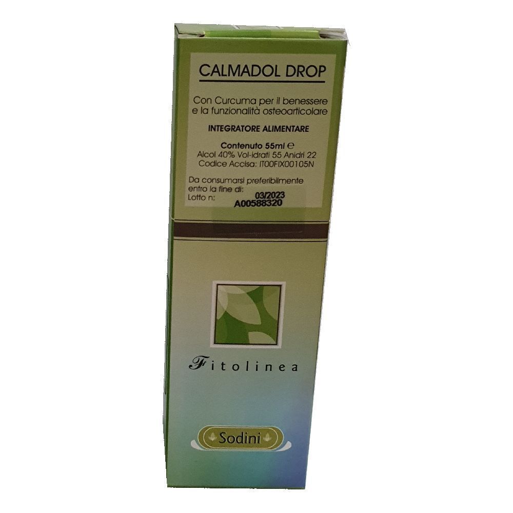 Scatola verde con testo. "CALMADOL DROP" in alto. Contiene 55ml. Marchio: Fitolinea. Testo in italiano.